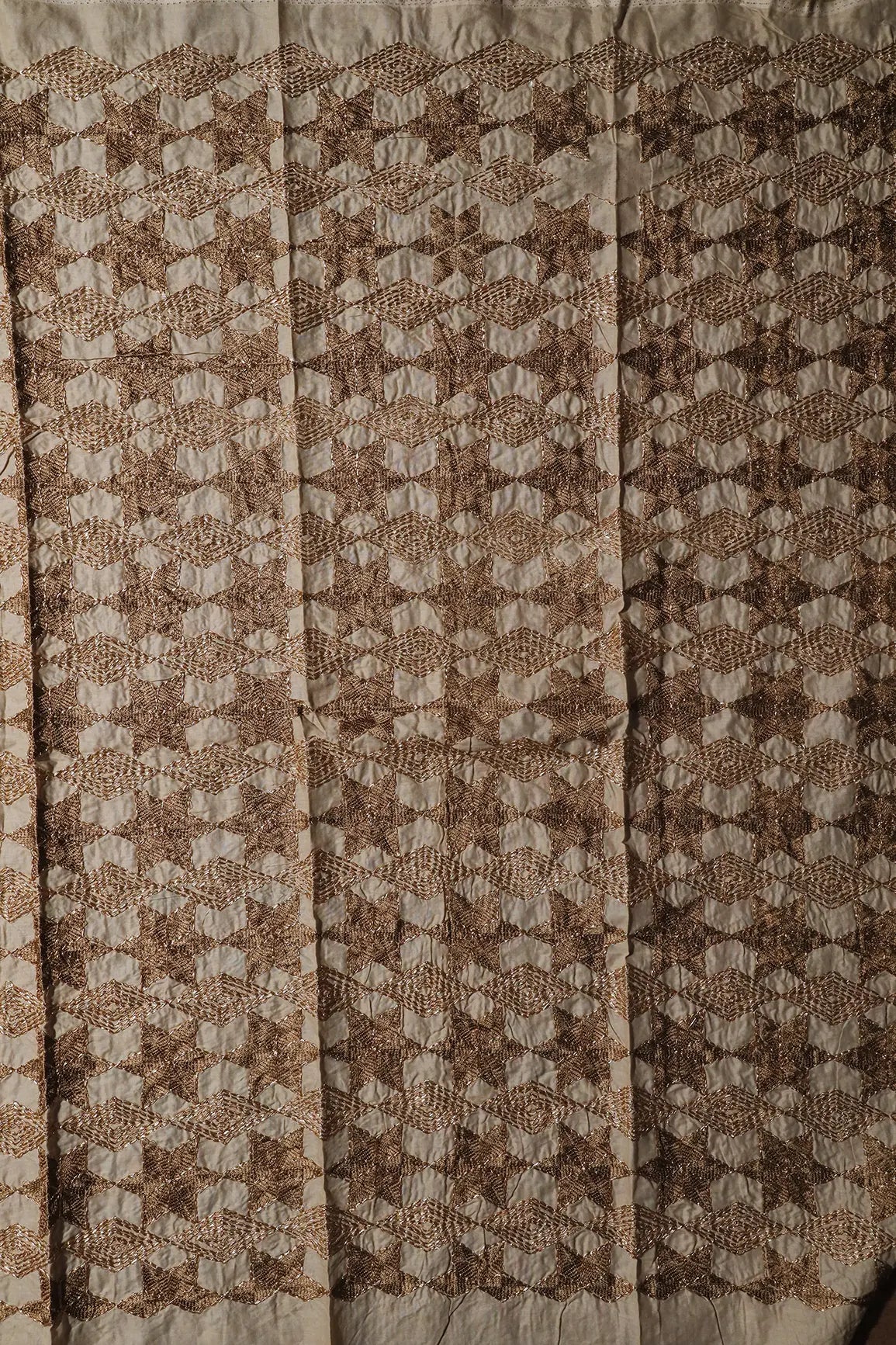 0.80 Meter Cut Piece Of Gold Zari Geometric Embroidery Work On Beige Cotton Fabric