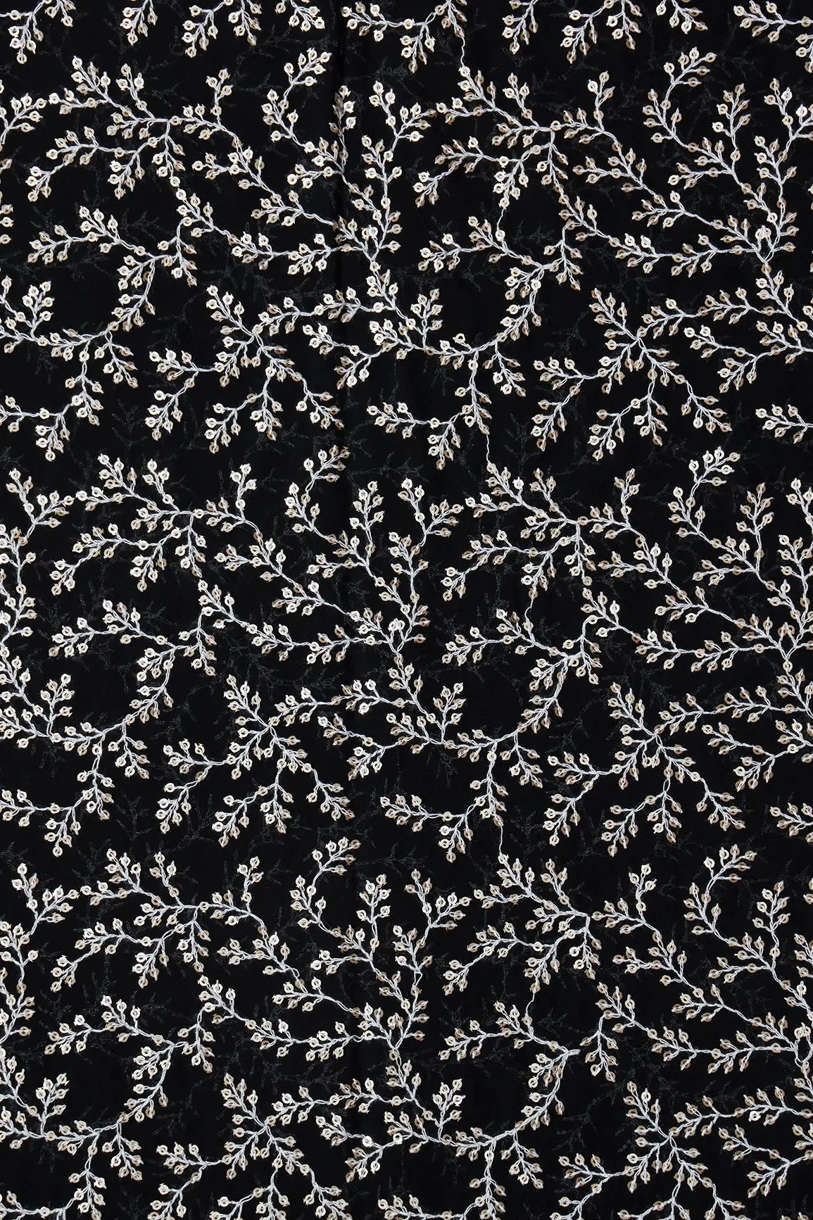 3.90 Meter Cut Piece Of White Thread With Gold Sequins Leafy Embroidery On Black Georgette Fabric - doeraa