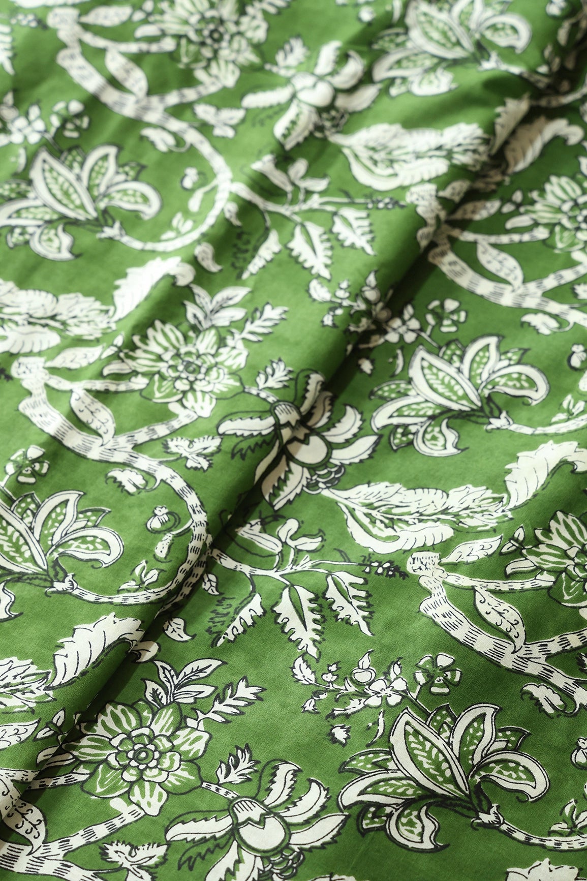 Dark Olive And Cream Floral Print On Pure Cotton Fabric
