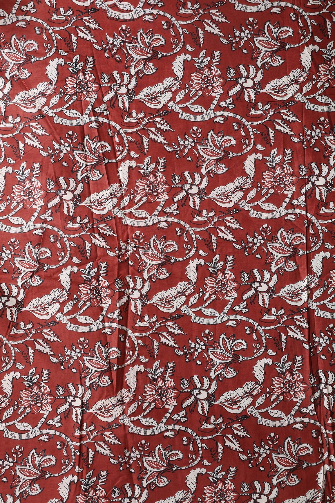 Dark Rust Brown And Cream Floral Print On Pure Cotton Fabric