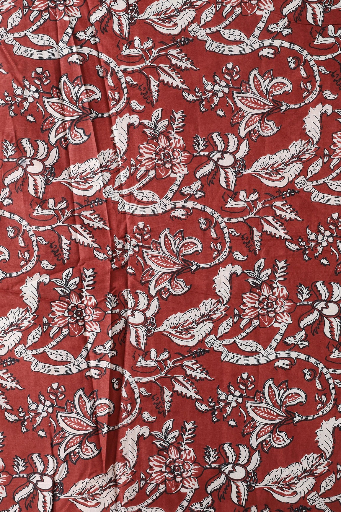 Dark Rust Brown And Cream Floral Print On Pure Cotton Fabric