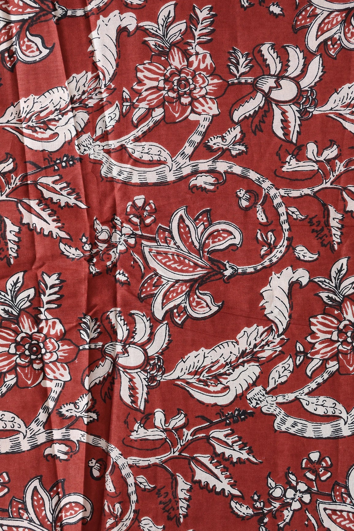 Dark Rust Brown And Cream Floral Print On Pure Cotton Fabric