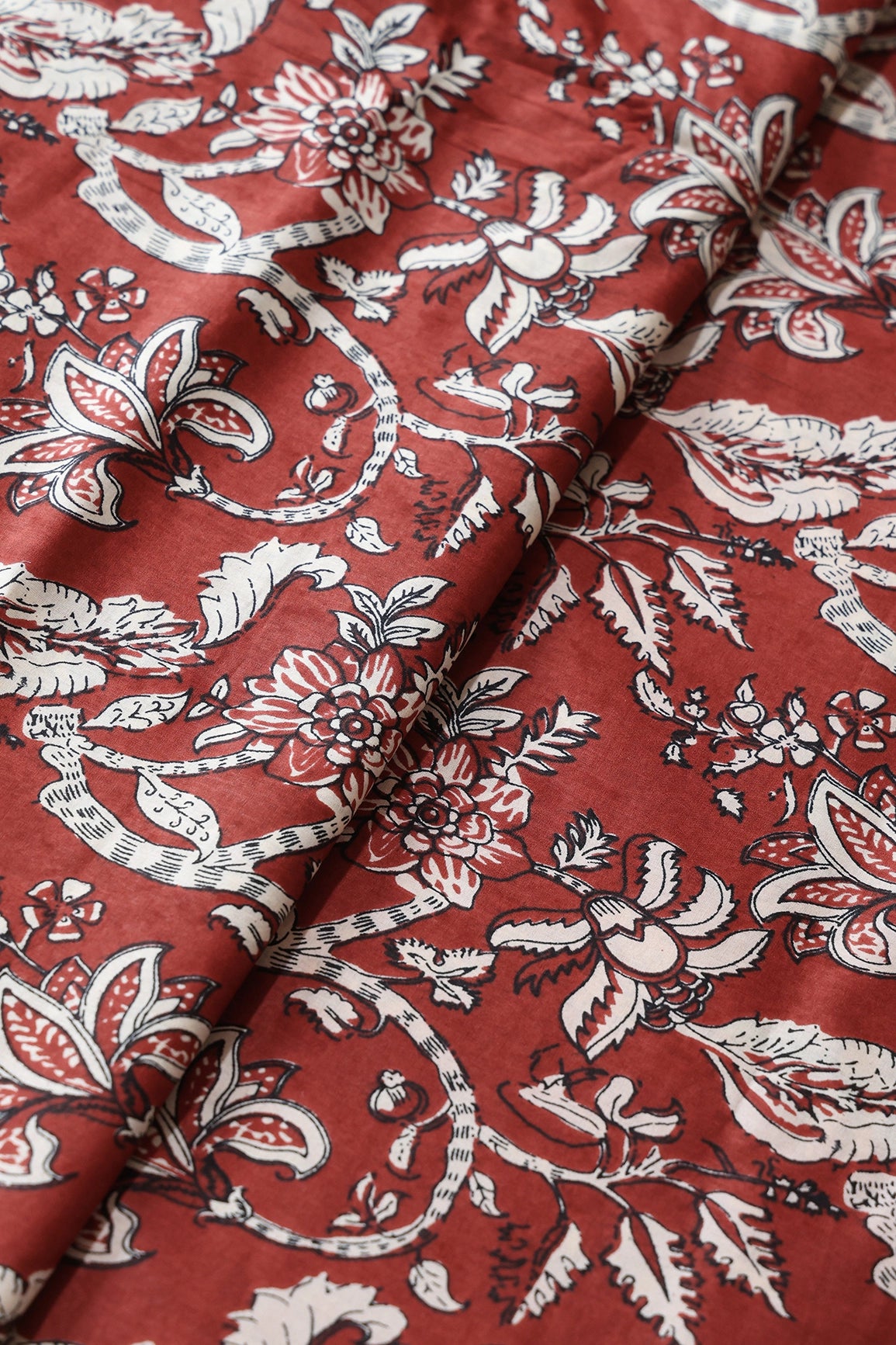 Dark Rust Brown And Cream Floral Print On Pure Cotton Fabric
