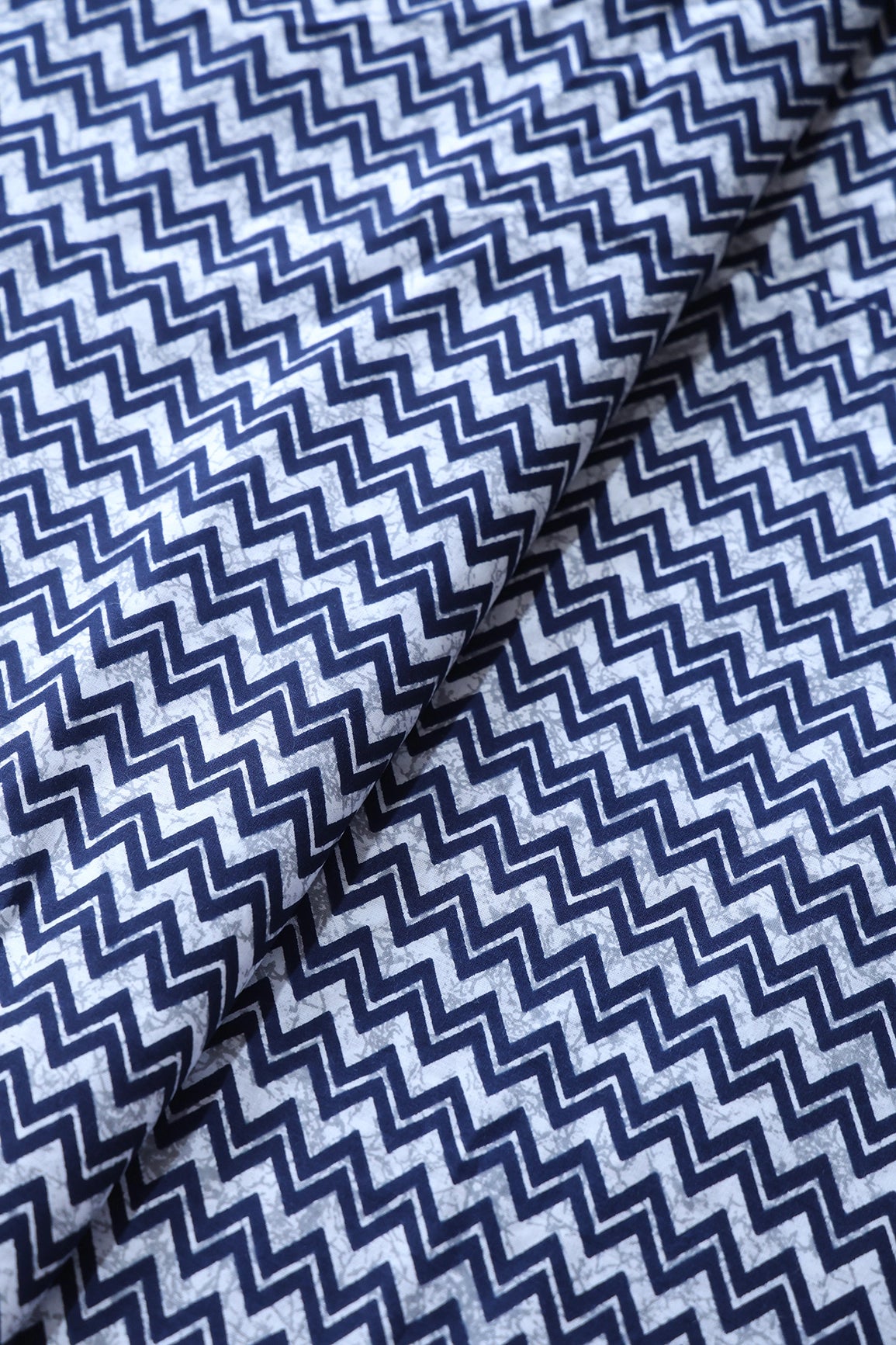 Navy Blue And White Chevron Print On Pure Cotton Fabric