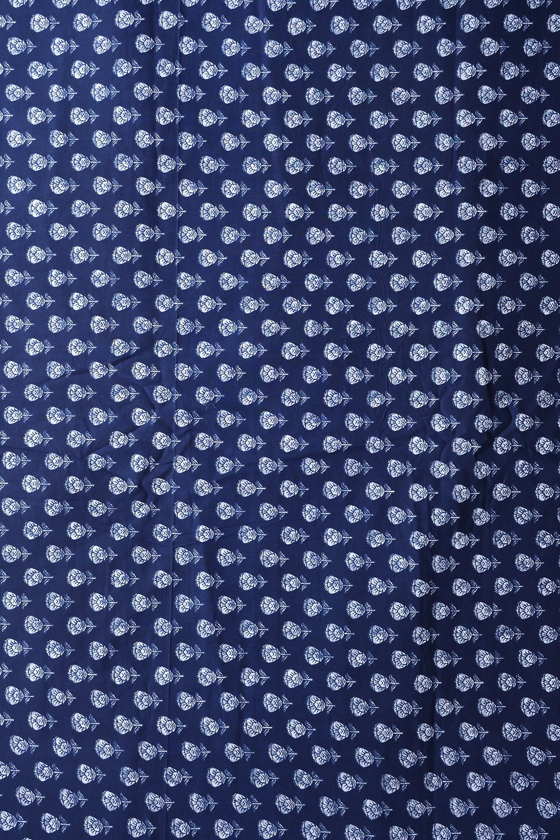 Navy Blue And White Floral Print On Pure Cotton Fabric