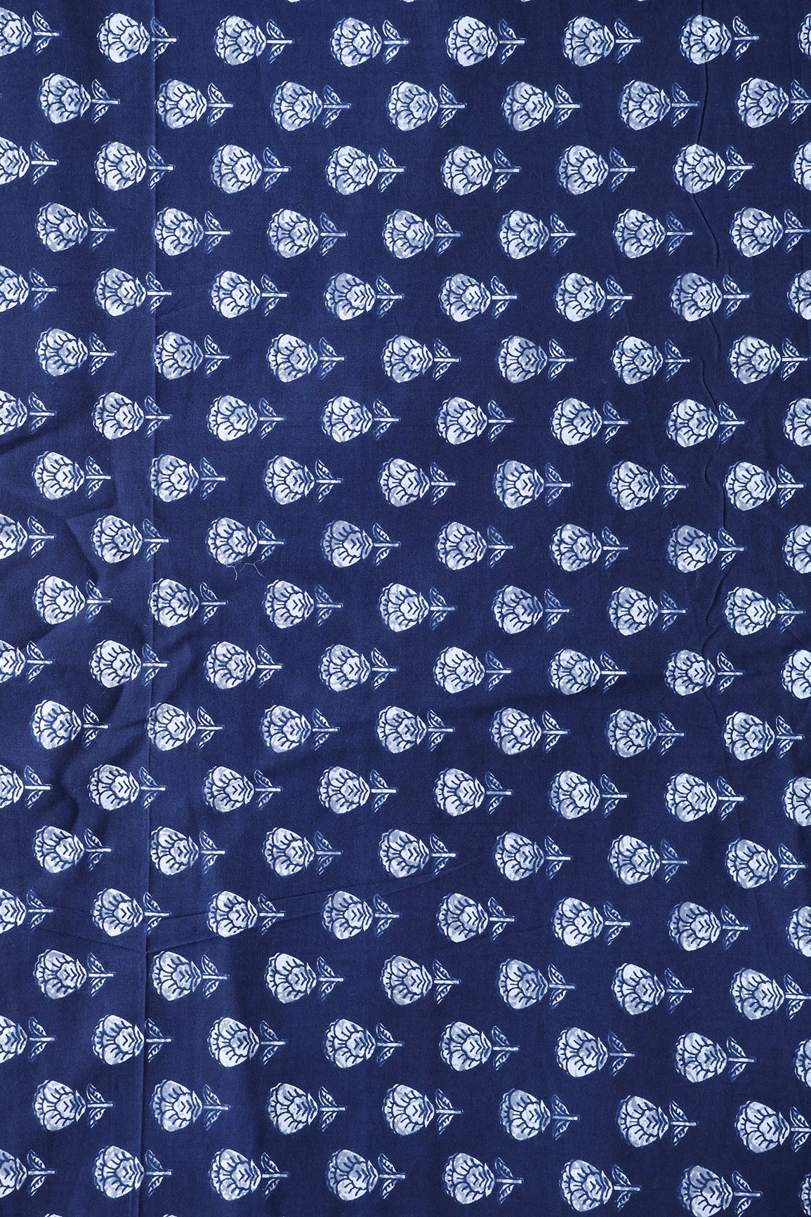 Navy Blue And White Floral Print On Pure Cotton Fabric