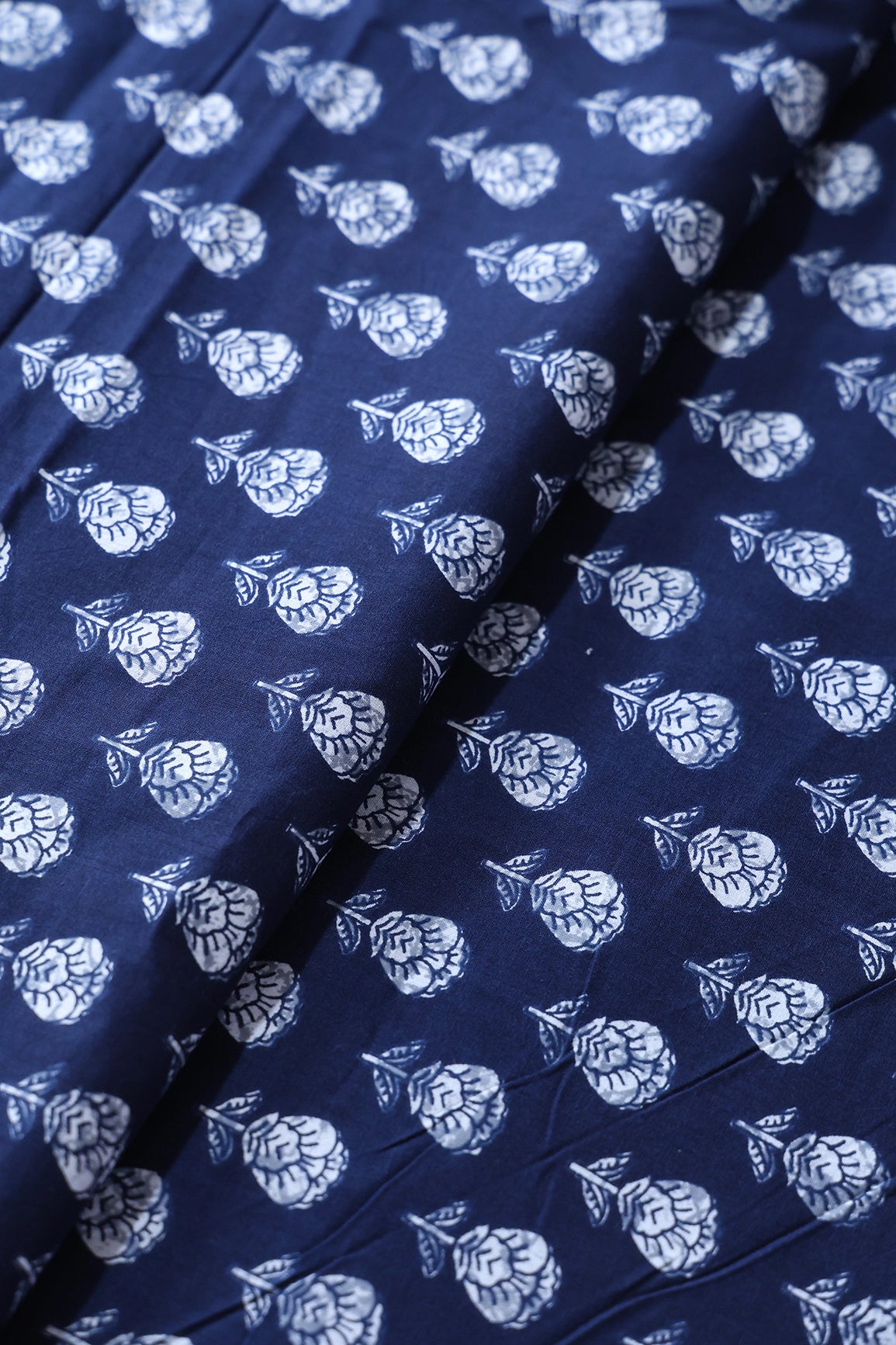 Navy Blue And White Floral Print On Pure Cotton Fabric