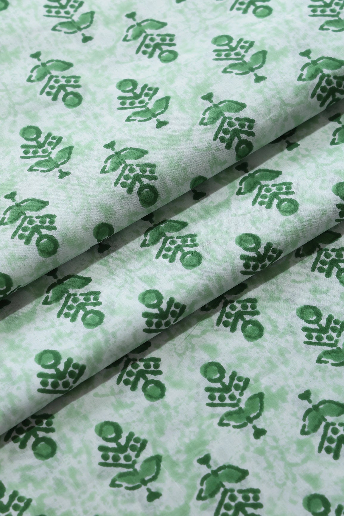 Green And Off White Floral Print On Pure Cotton Fabric