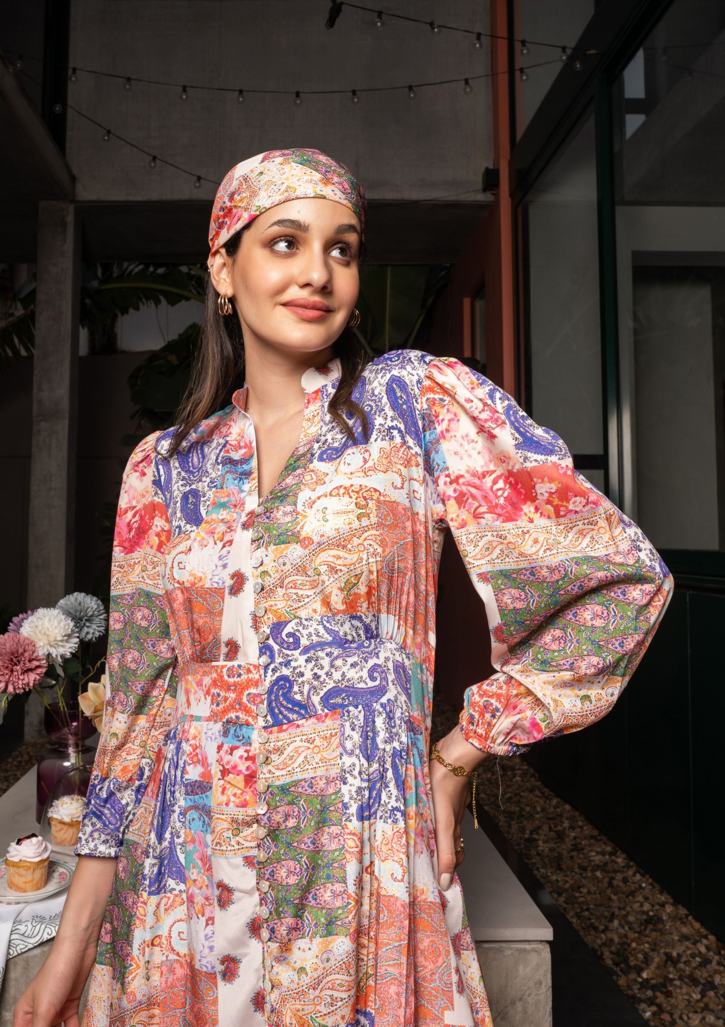 Mosaic Paisley Patch Print Long Crepe Dress