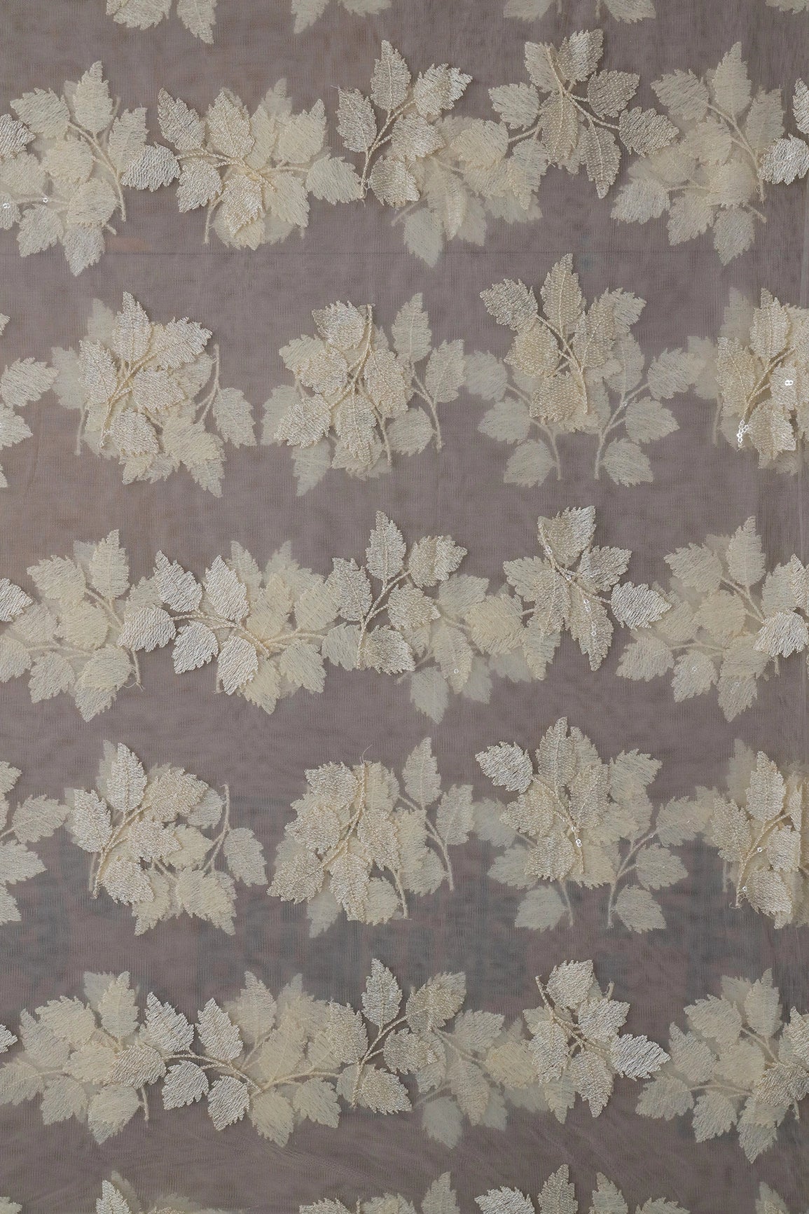 4 Meter Cut Piece Of Cream Thread With Sequins Leafy Embroidery On Cream Soft Net Fabric - doeraa