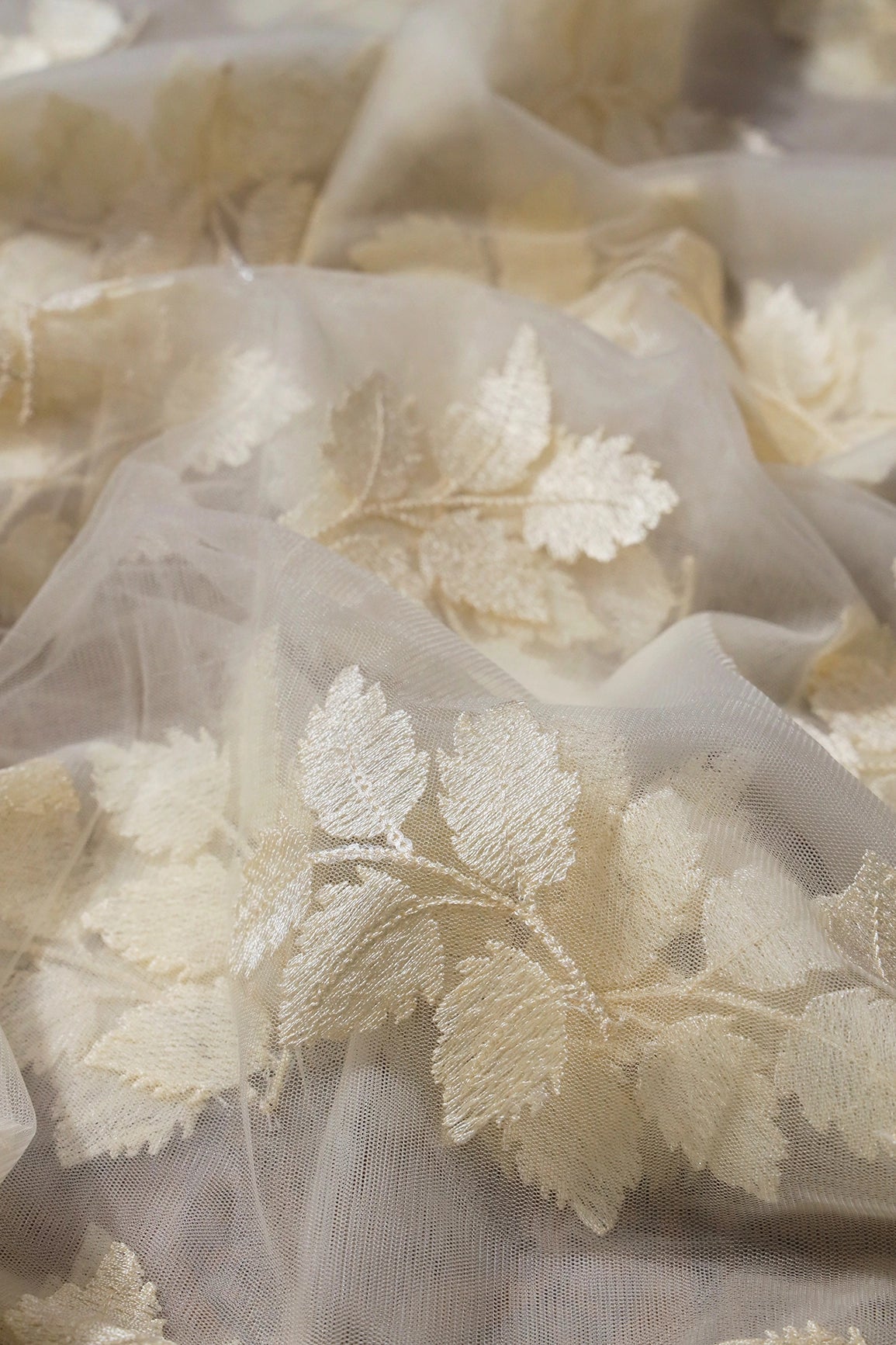 4 Meter Cut Piece Of Cream Thread With Sequins Leafy Embroidery On Cream Soft Net Fabric - doeraa