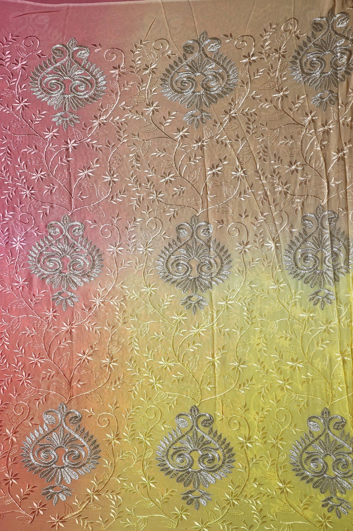 4 Meter Cut Piece Of Multi Thread With Silver Zari Floral Embroidery On Multi Color Viscose Georgette Fabric - doeraa
