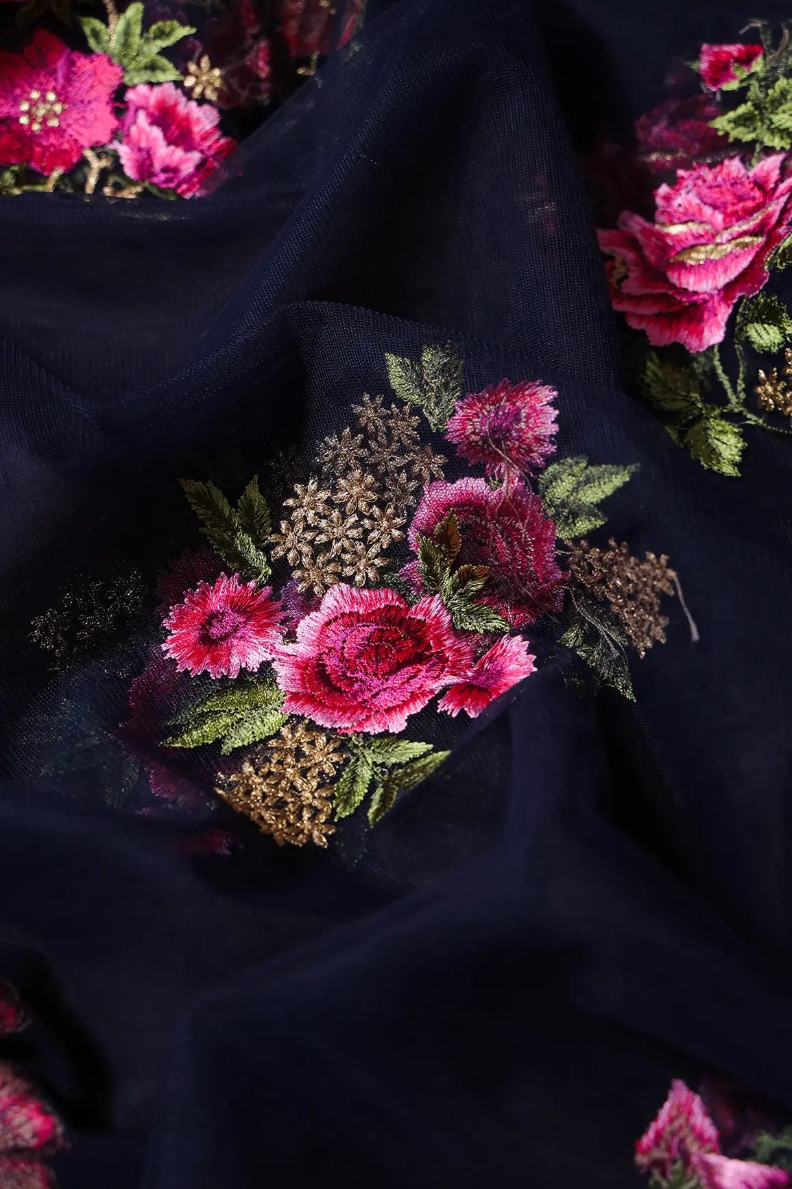 4.25 Meter Cut Piece Of Pink And Olive Thread With Gold Zari Floral Embroidery On Navy Blue Soft Net Fabric - doeraa