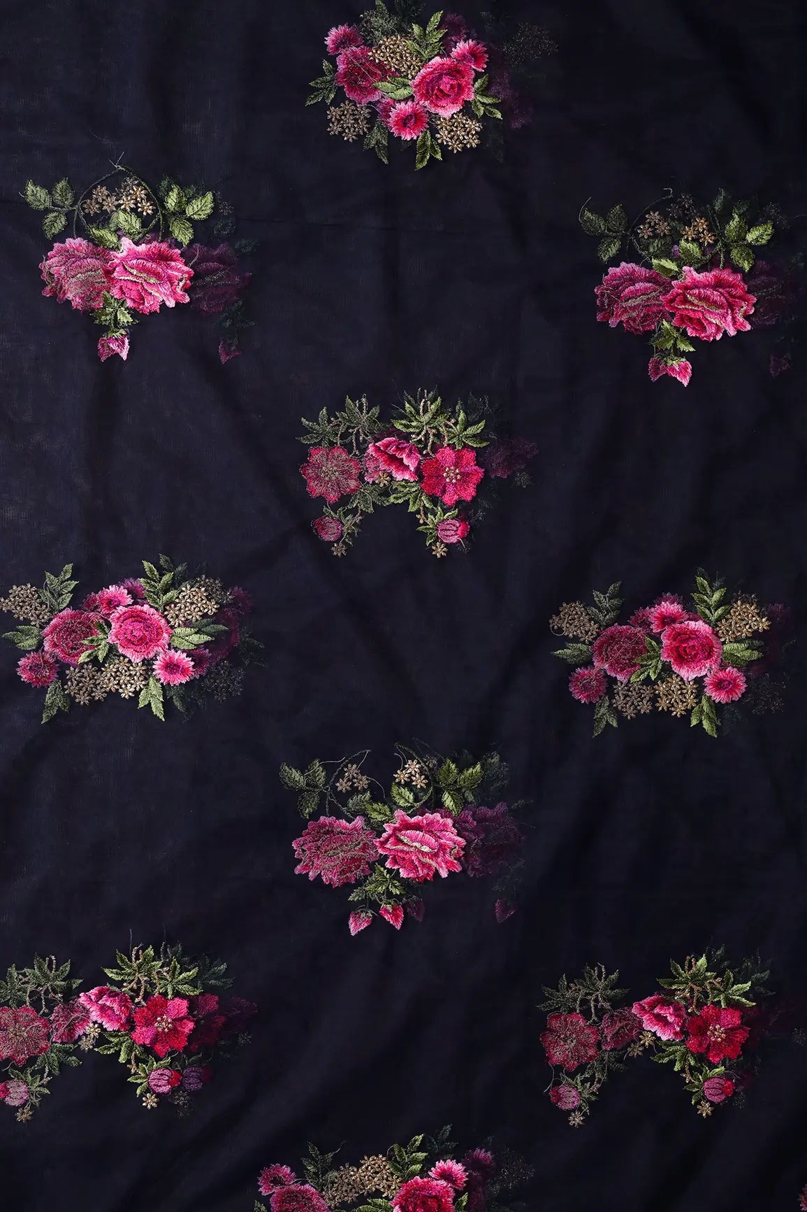 4.25 Meter Cut Piece Of Pink And Olive Thread With Gold Zari Floral Embroidery On Navy Blue Soft Net Fabric - doeraa