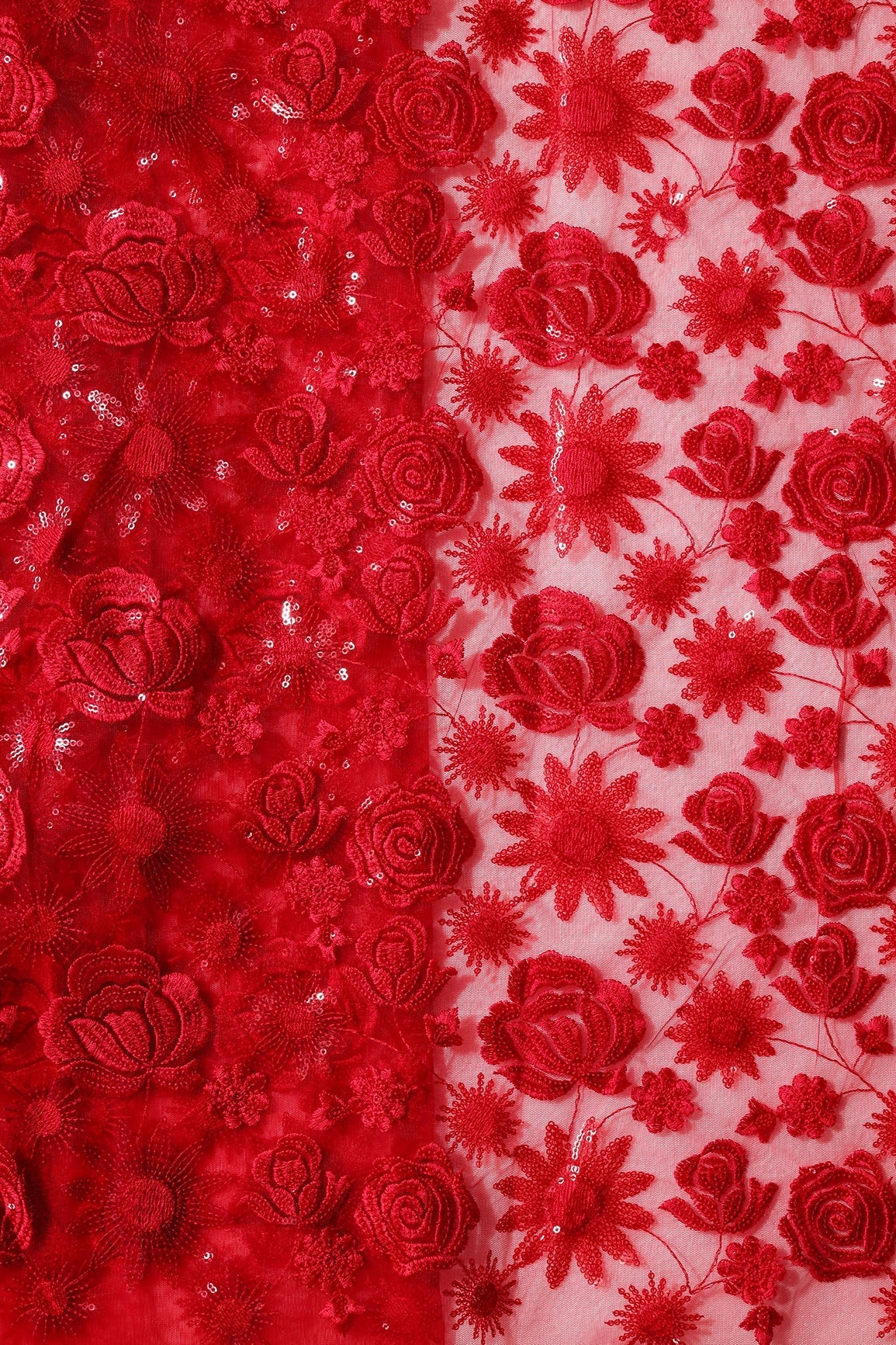 Red Thread With Sequins Floral Embroidery On Red Soft Net Fabric