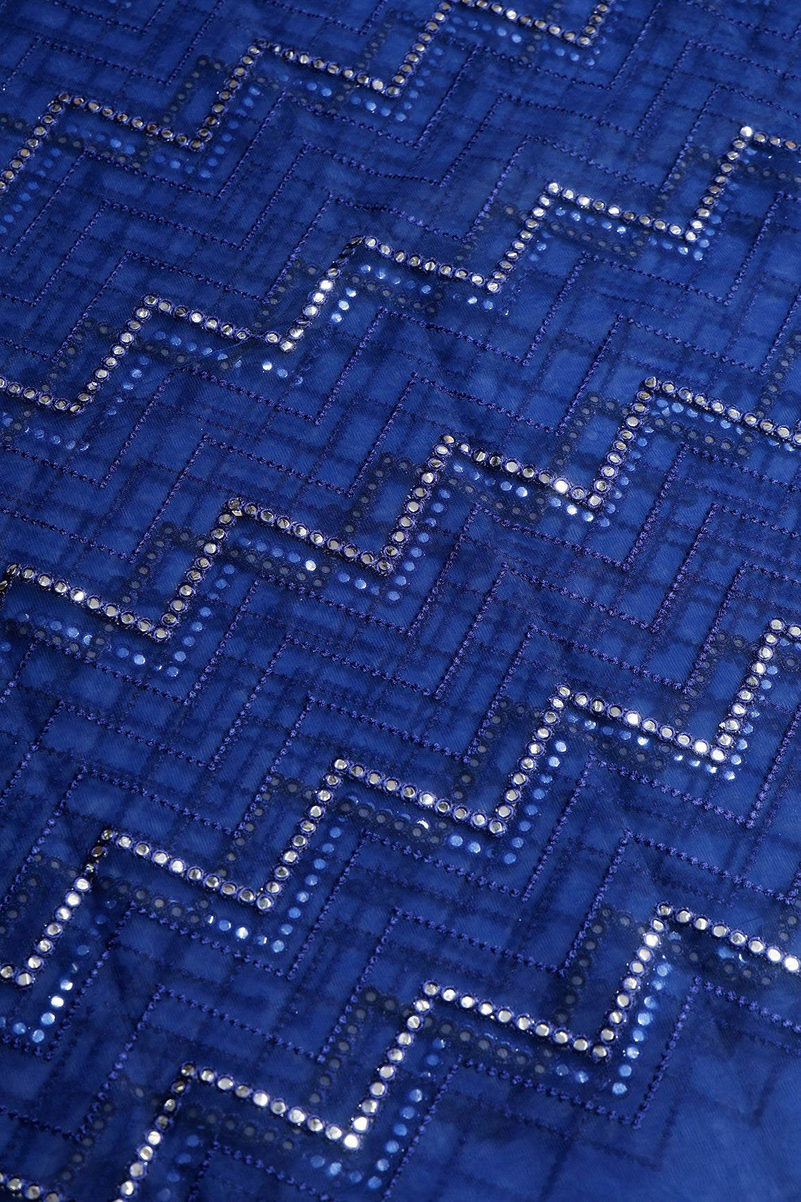 5.25 Meter Cut Piece Of Foux Mirror With Navy Blue Thread Chevron Embroidery Work On Navy Blue Soft Net Fabric - doeraa