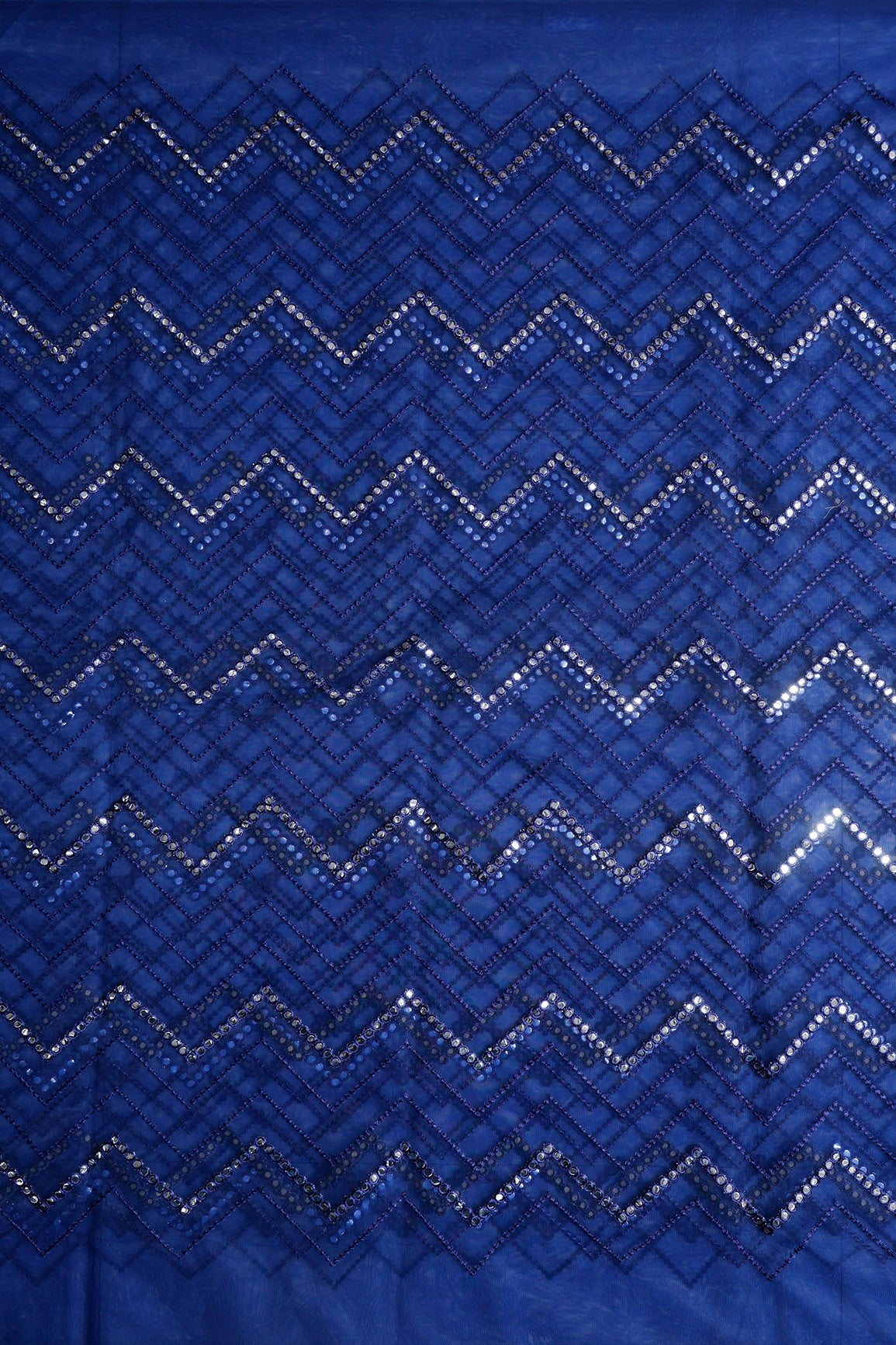 5.25 Meter Cut Piece Of Foux Mirror With Navy Blue Thread Chevron Embroidery Work On Navy Blue Soft Net Fabric - doeraa