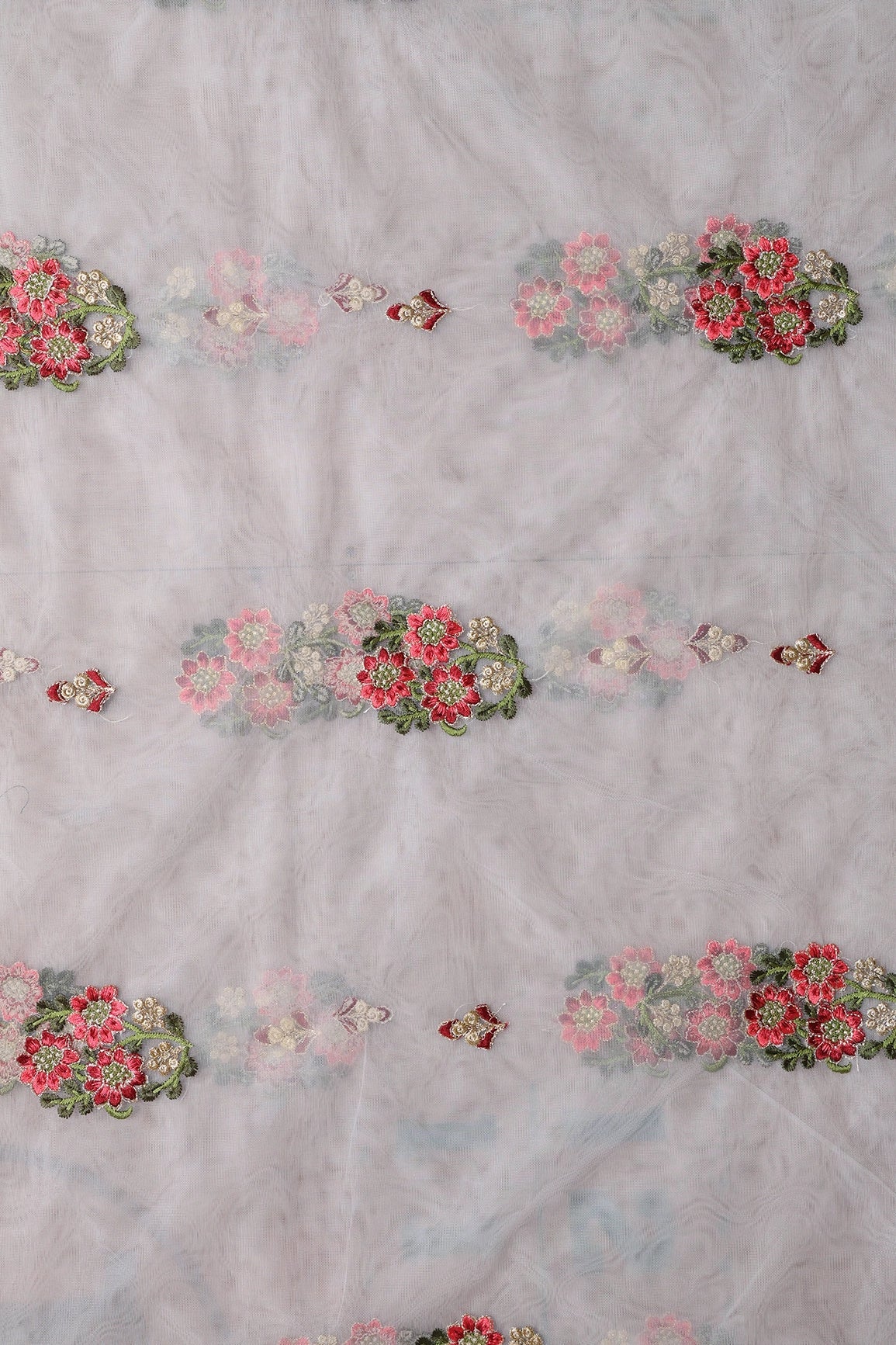 5.50 Meter Cut Piece Of Red And Olive Thread With Gold Zari Beautiful Floral Butta Embroidery On Light Grey Soft Net Fabric - doeraa