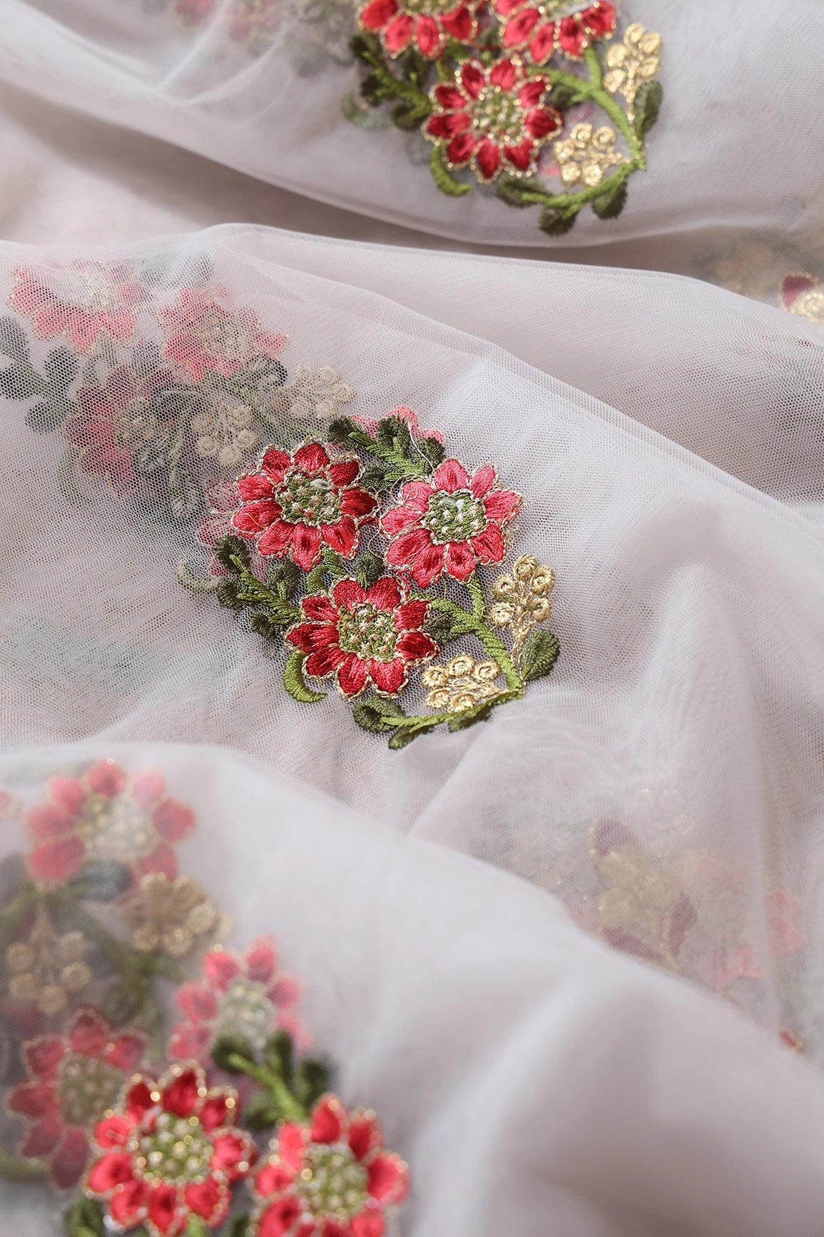 5.50 Meter Cut Piece Of Red And Olive Thread With Gold Zari Beautiful Floral Butta Embroidery On Light Grey Soft Net Fabric - doeraa