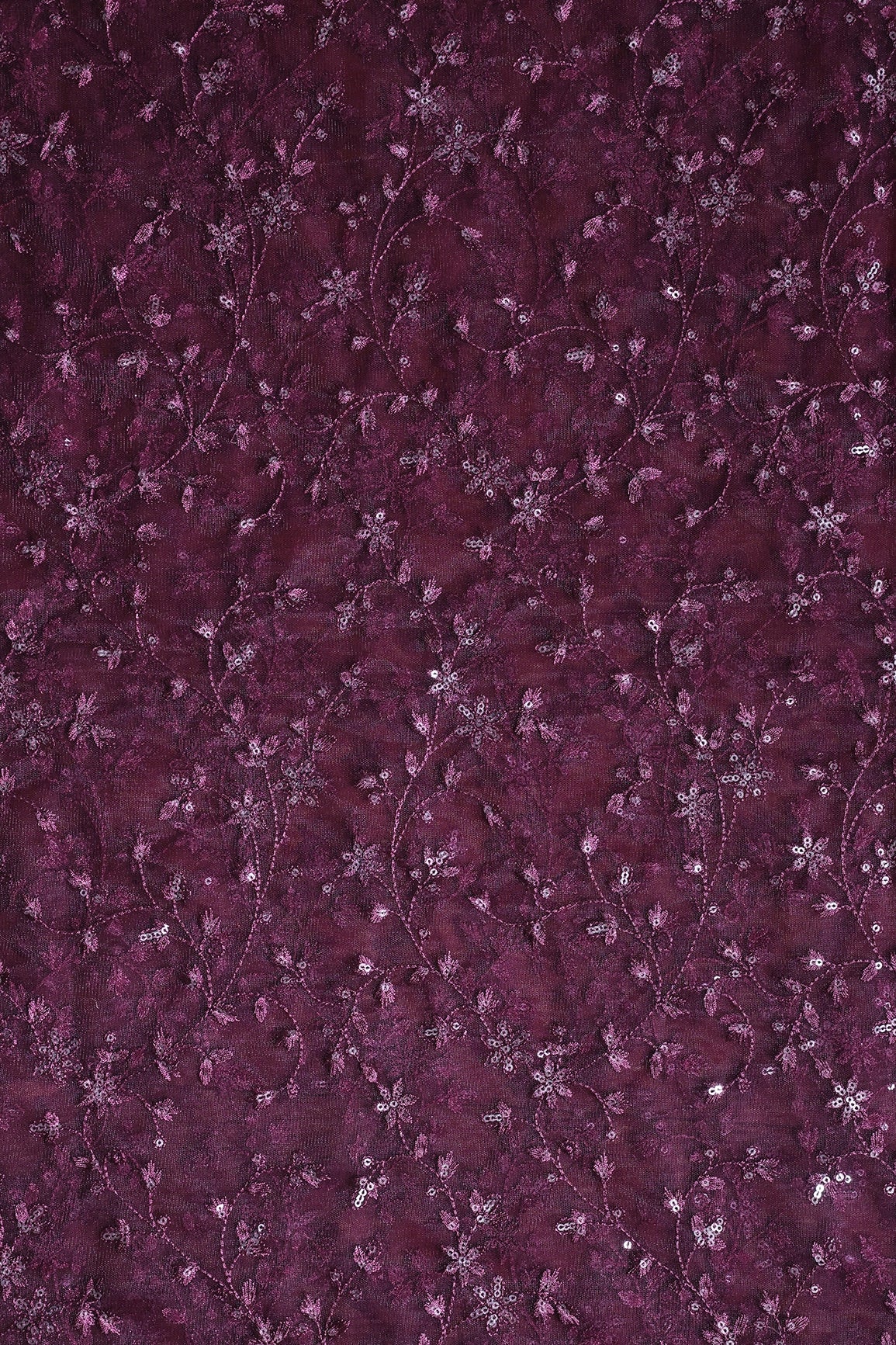 5.50 Meter Cut Piece Of Wine Thread With Gold Sequins Small Leafy Embroidery On Wine Soft Net Fabric - doeraa