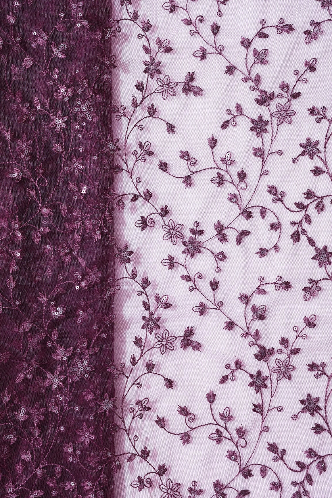 5.50 Meter Cut Piece Of Wine Thread With Gold Sequins Small Leafy Embroidery On Wine Soft Net Fabric - doeraa