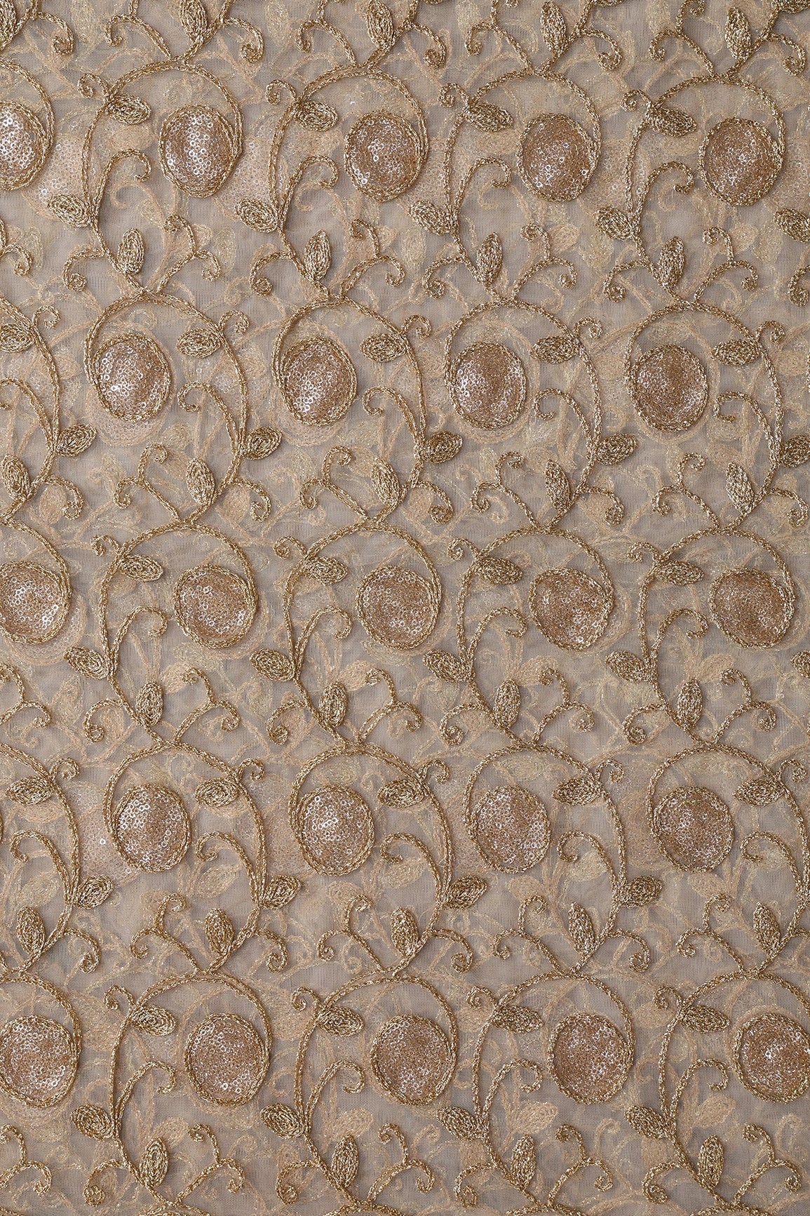 5.75 Meter Cut Piece Of Gold Sequins With Gold Zari Leafy Embroidery On Beige Soft Net Fabric - doeraa