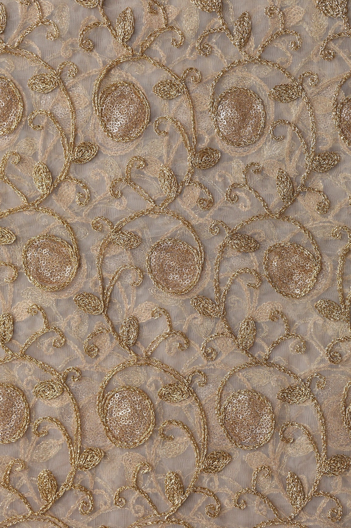 5.75 Meter Cut Piece Of Gold Sequins With Gold Zari Leafy Embroidery On Beige Soft Net Fabric - doeraa
