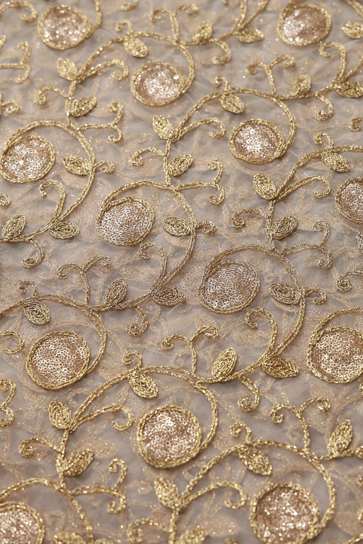 5.75 Meter Cut Piece Of Gold Sequins With Gold Zari Leafy Embroidery On Beige Soft Net Fabric - doeraa