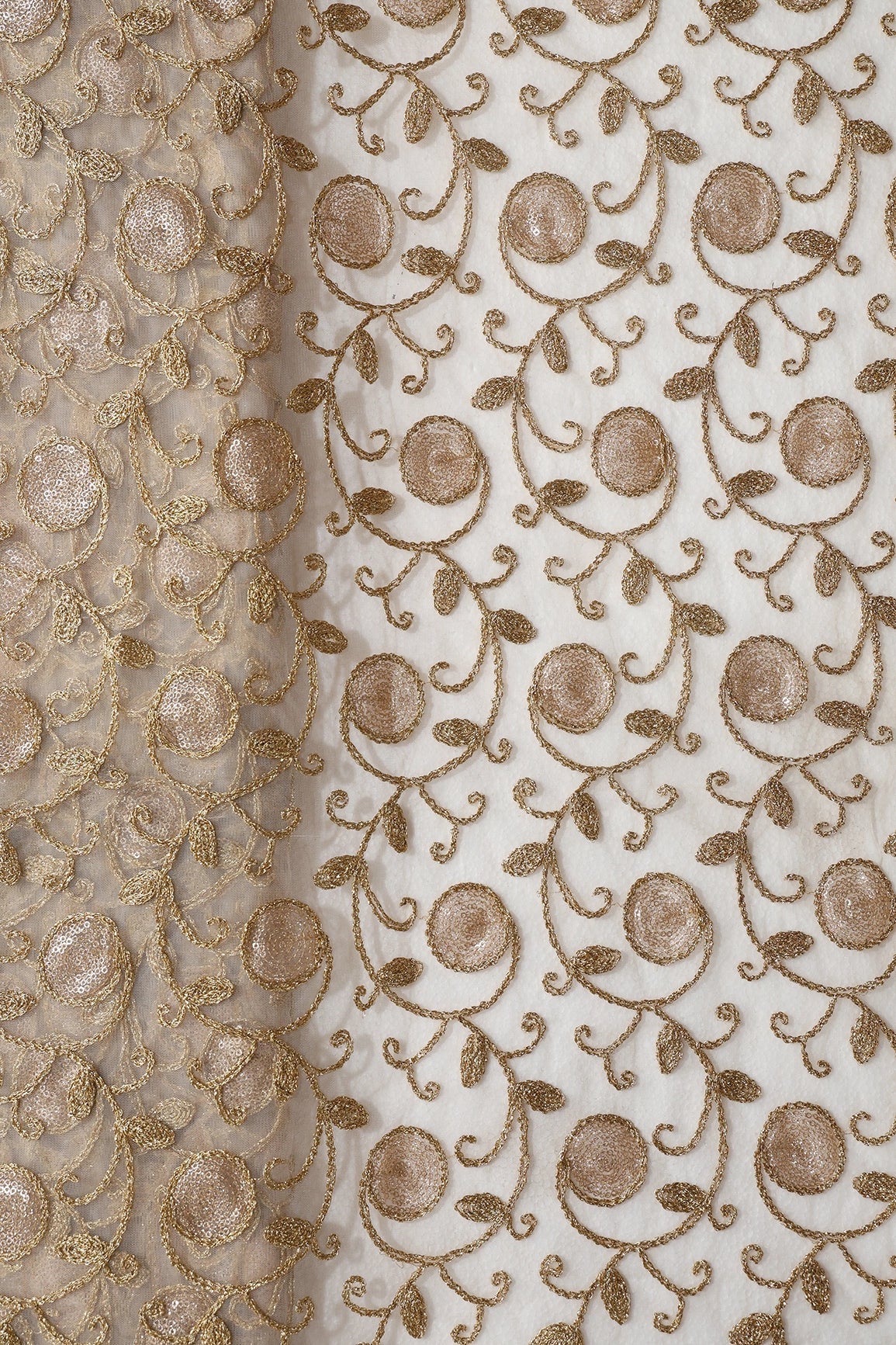5.75 Meter Cut Piece Of Gold Sequins With Gold Zari Leafy Embroidery On Beige Soft Net Fabric - doeraa