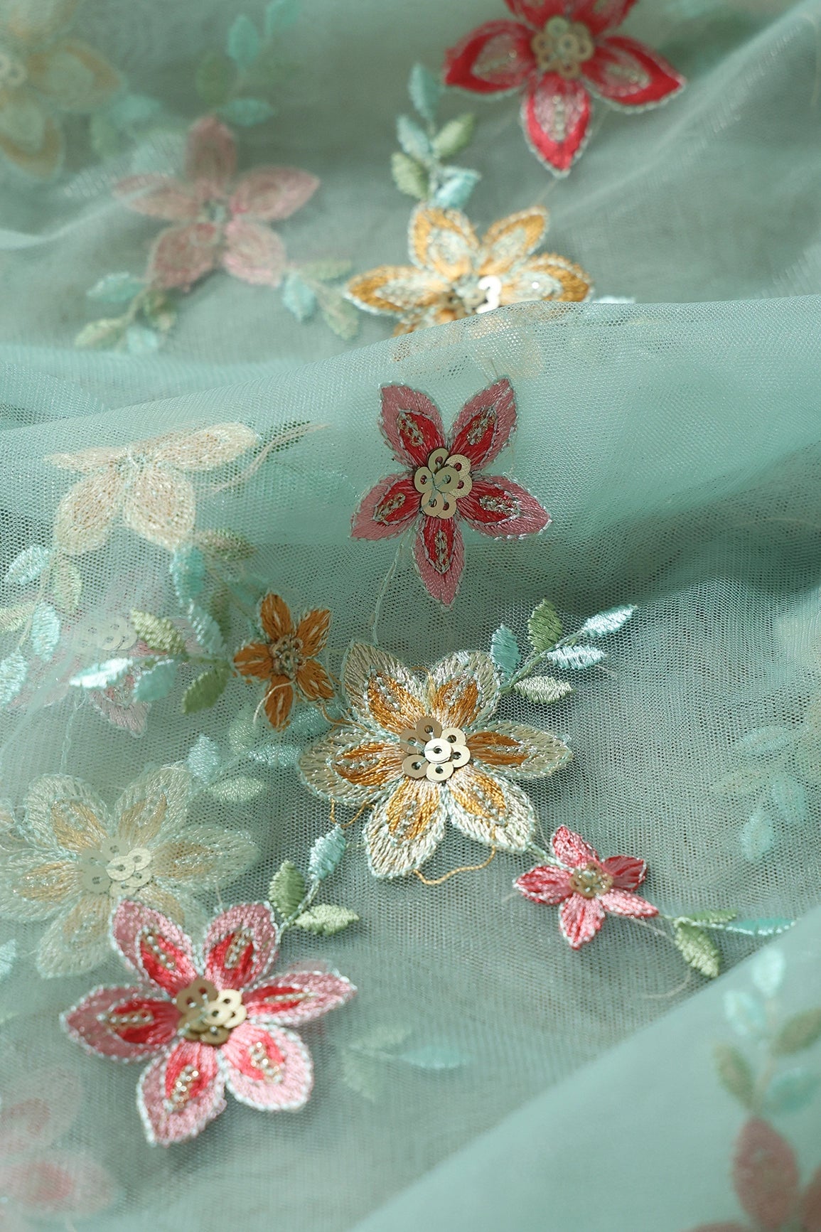 5.75 Meter Cut Piece Of Pink And Brown Thread With Gold Sequins Floral Embroidery On Olive Soft Net Fabric - doeraa