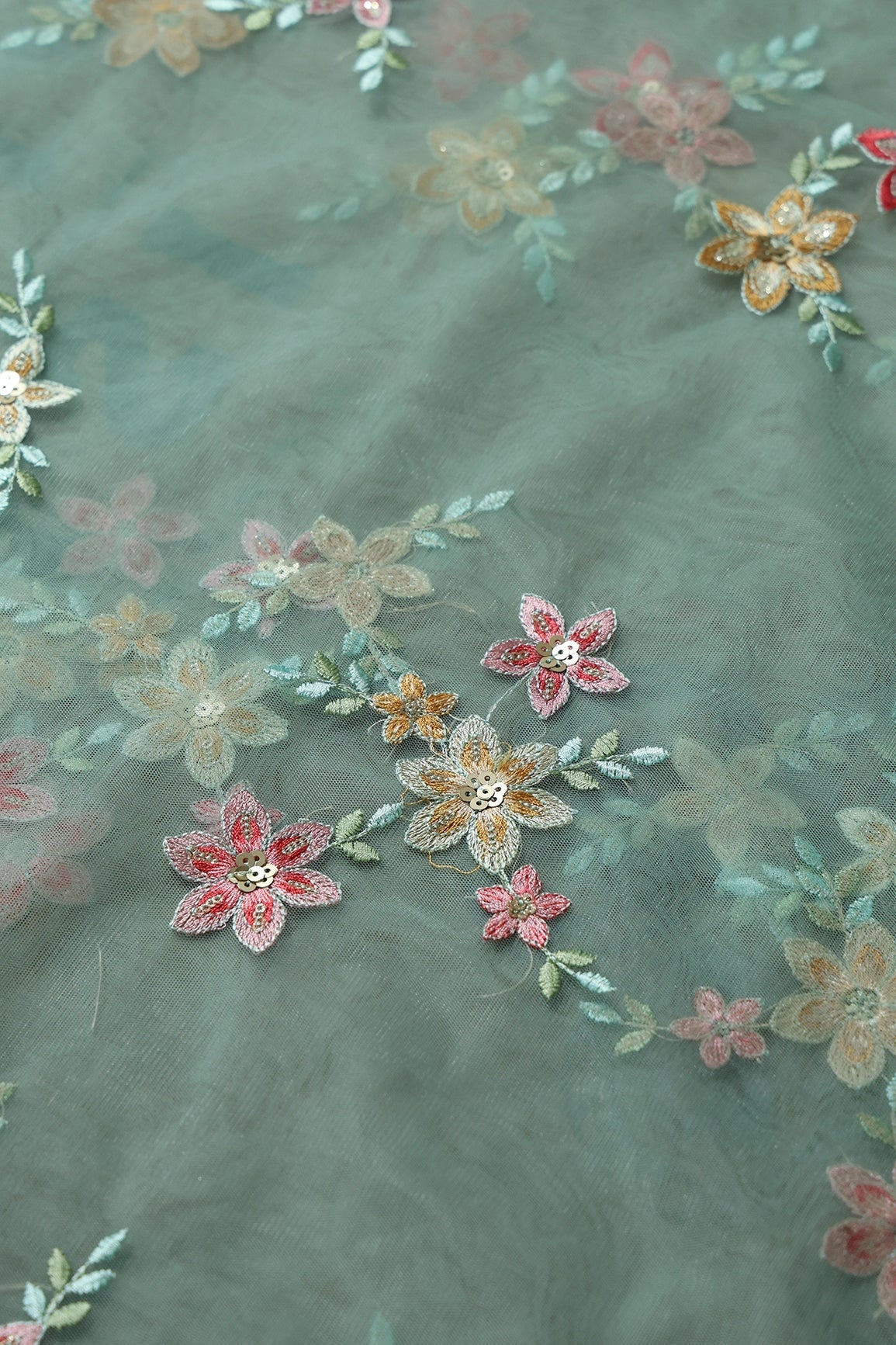 5.75 Meter Cut Piece Of Pink And Brown Thread With Gold Sequins Floral Embroidery On Olive Soft Net Fabric - doeraa