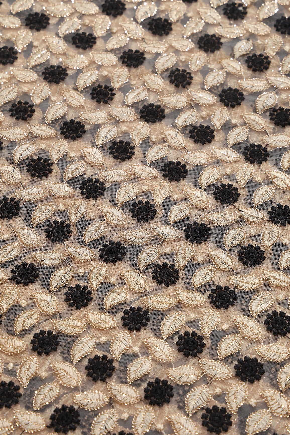 6 Meter Cut Piece Of Black And Beige Thread With Gold Sequins Floral Embroidery On Beige Soft Net Fabric - doeraa
