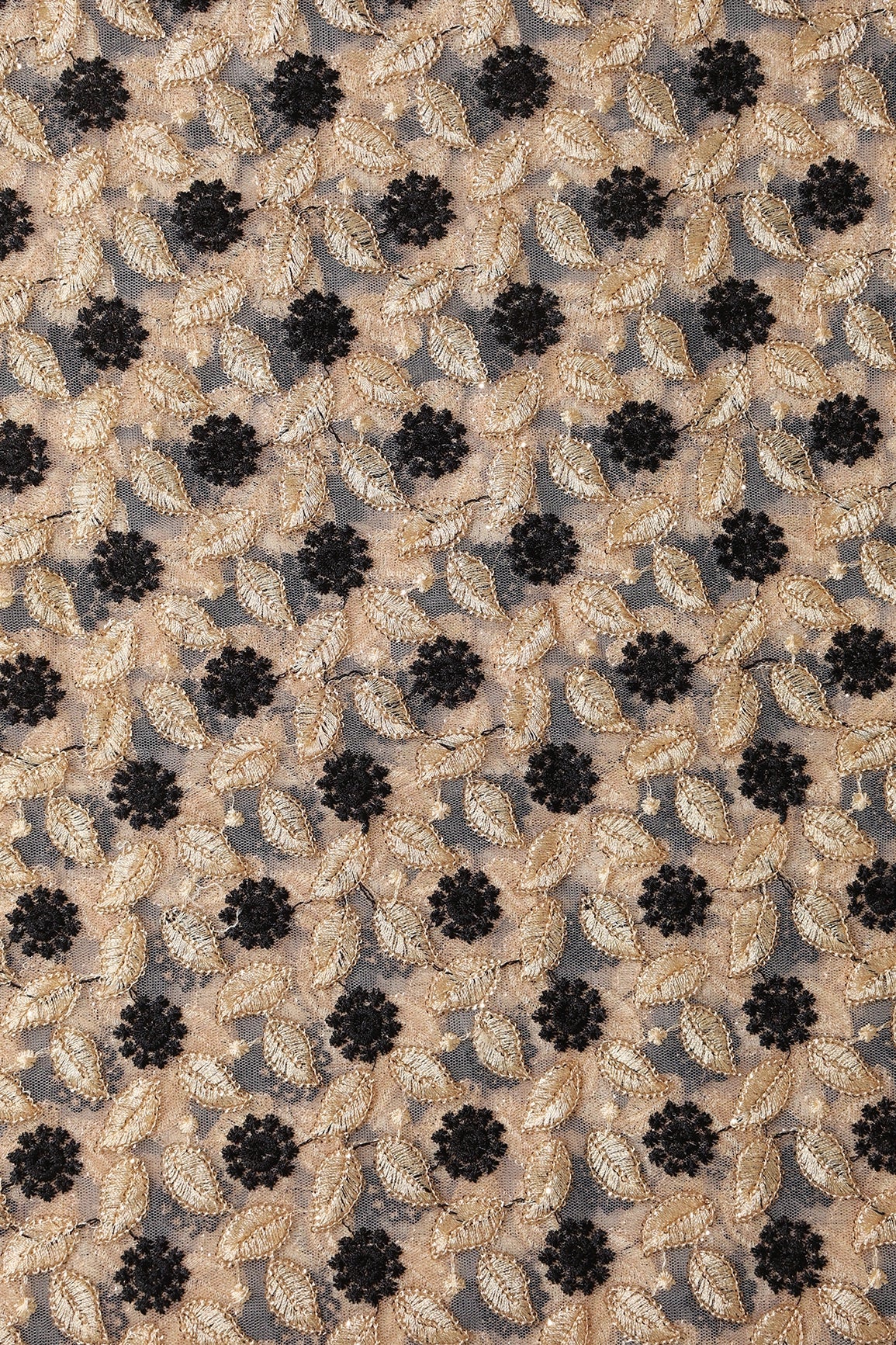 6 Meter Cut Piece Of Black And Beige Thread With Gold Sequins Floral Embroidery On Beige Soft Net Fabric - doeraa