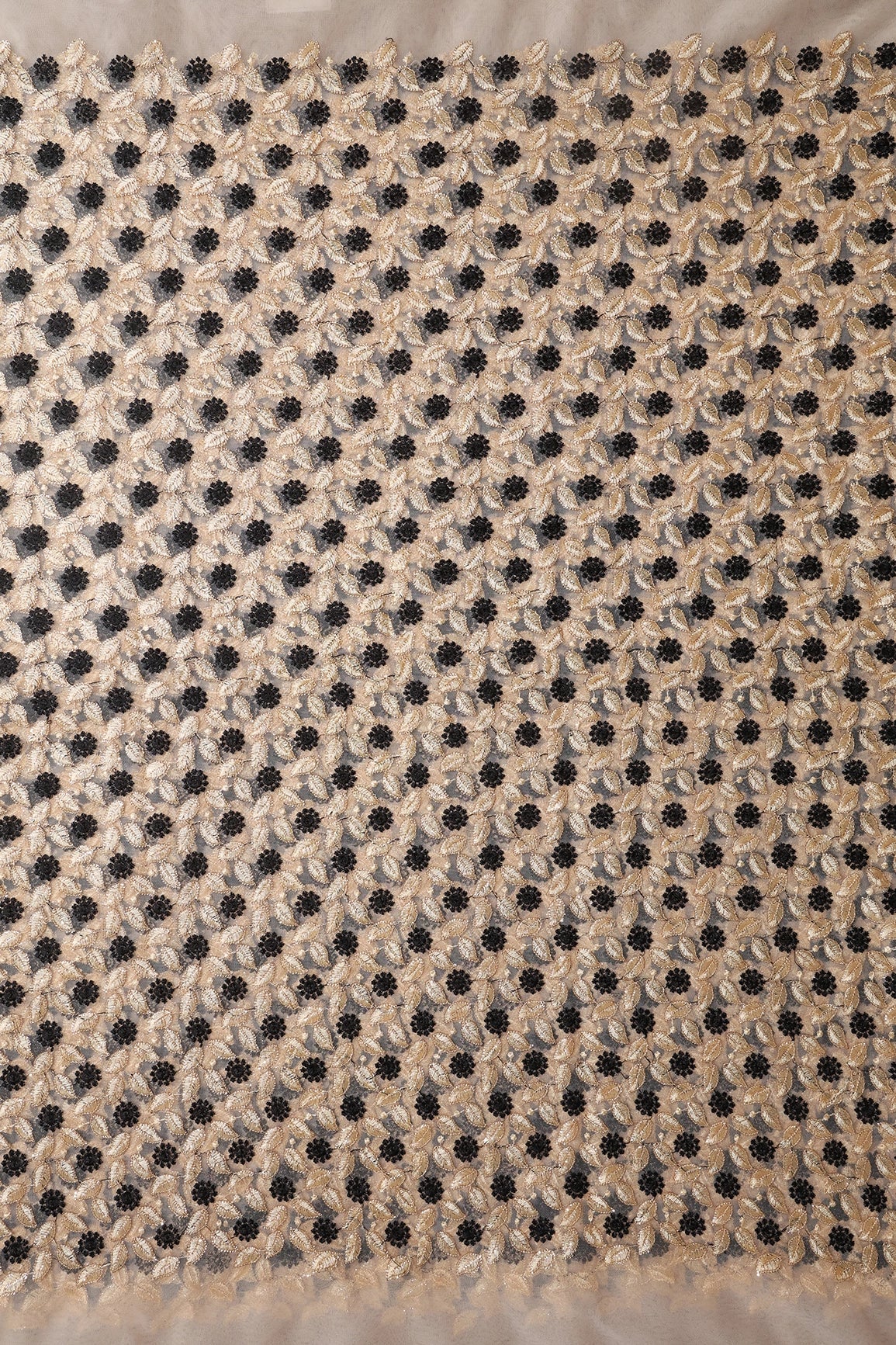 6 Meter Cut Piece Of Black And Beige Thread With Gold Sequins Floral Embroidery On Beige Soft Net Fabric - doeraa