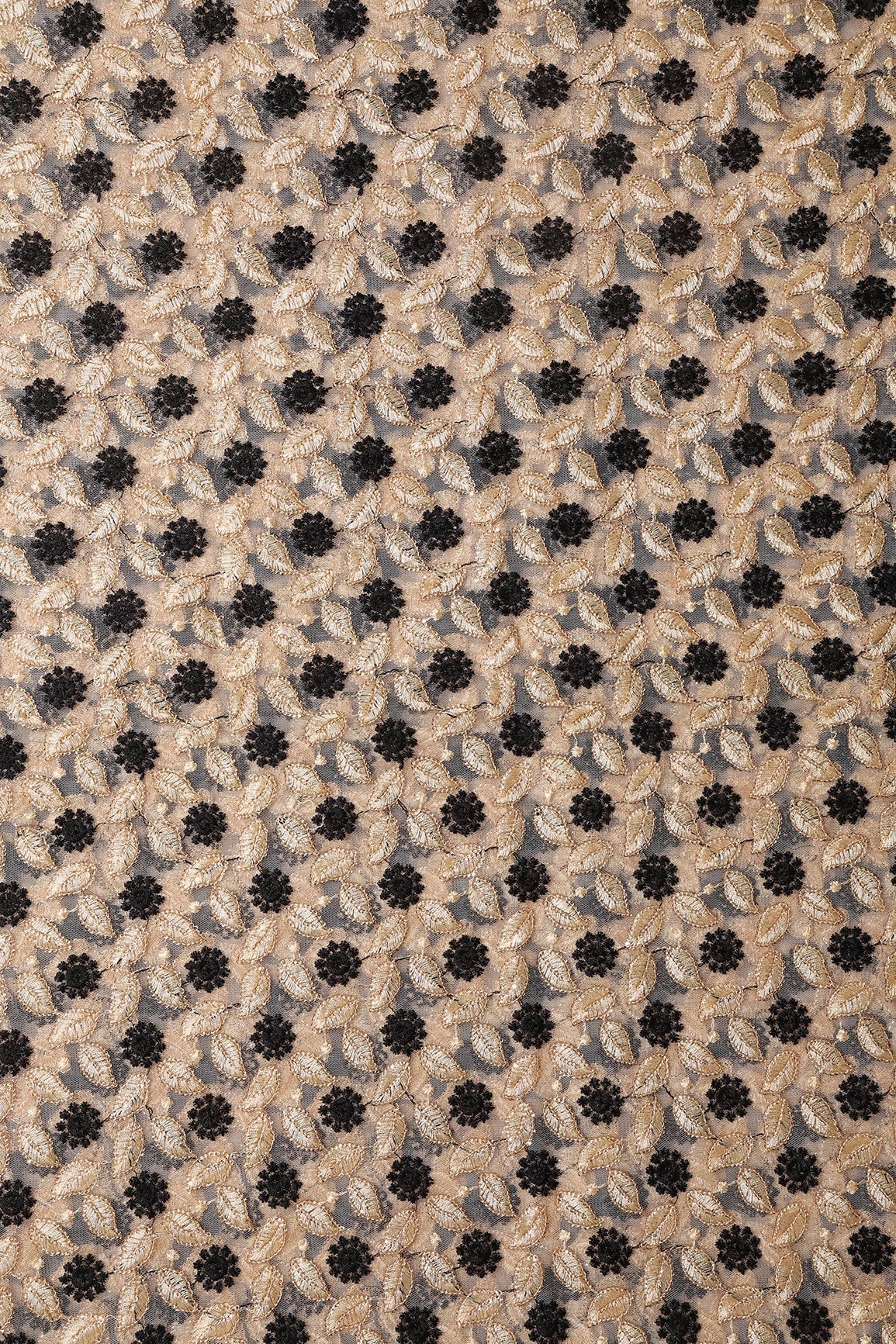 6 Meter Cut Piece Of Black And Beige Thread With Gold Sequins Floral Embroidery On Beige Soft Net Fabric - doeraa