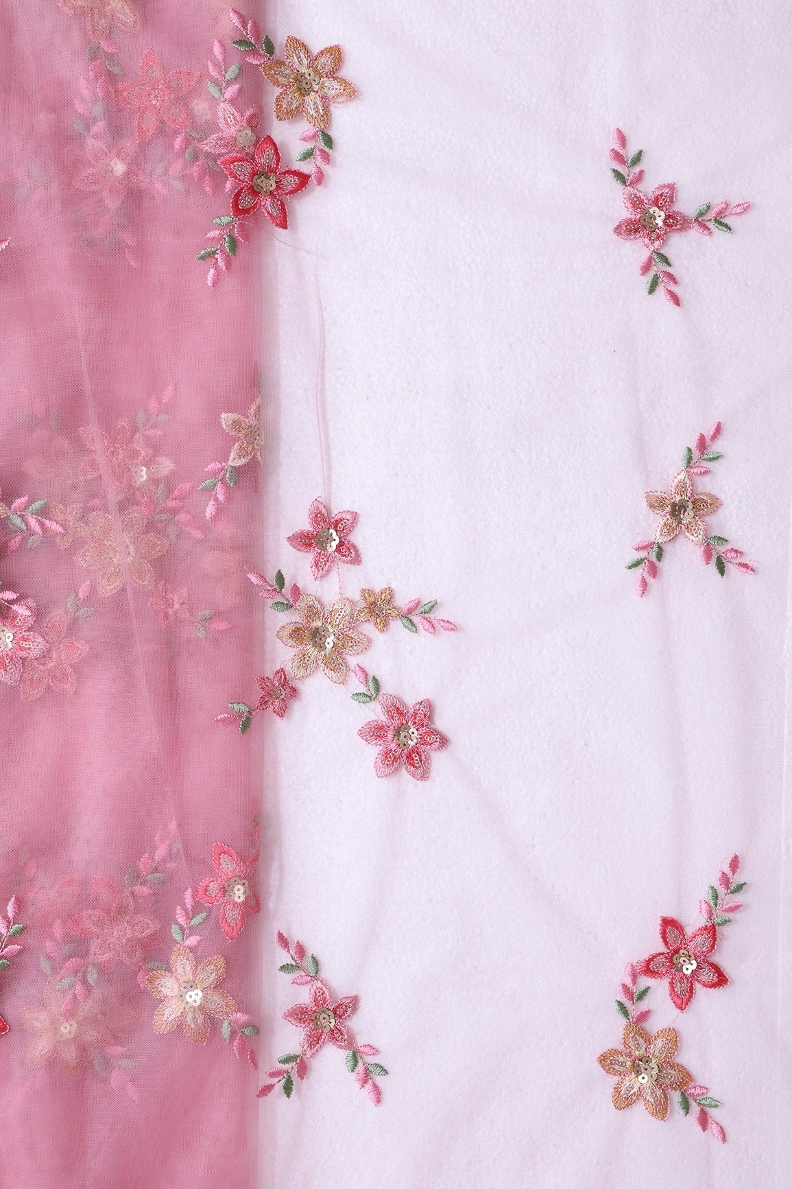 6 Meter Cut Piece Of Pink And Brown Thread With Gold Sequins Floral Embroidery On Pink Soft Net Fabric - doeraa