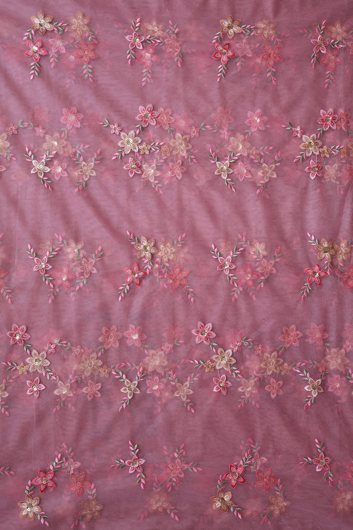 6 Meter Cut Piece Of Pink And Brown Thread With Gold Sequins Floral Embroidery On Pink Soft Net Fabric - doeraa
