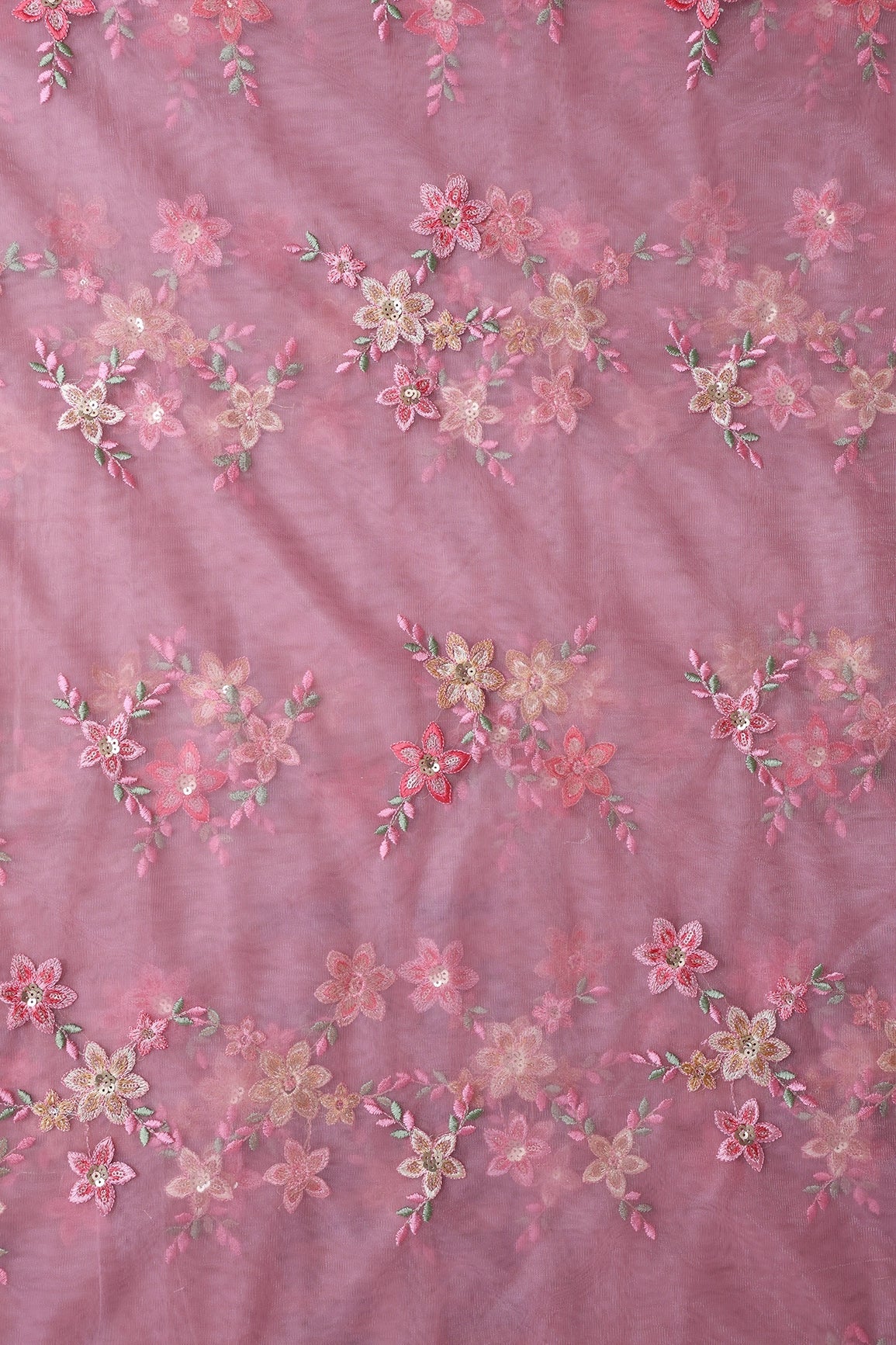 6 Meter Cut Piece Of Pink And Brown Thread With Gold Sequins Floral Embroidery On Pink Soft Net Fabric - doeraa
