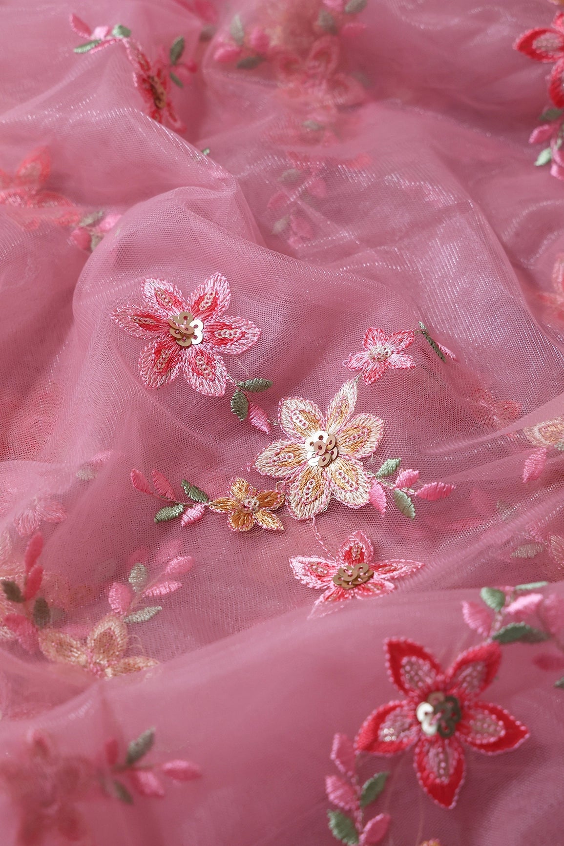 6 Meter Cut Piece Of Pink And Brown Thread With Gold Sequins Floral Embroidery On Pink Soft Net Fabric - doeraa