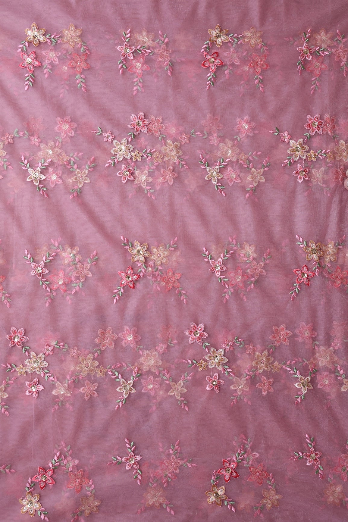 6 Meter Cut Piece Of Pink And Brown Thread With Gold Sequins Floral Embroidery On Pink Soft Net Fabric - doeraa
