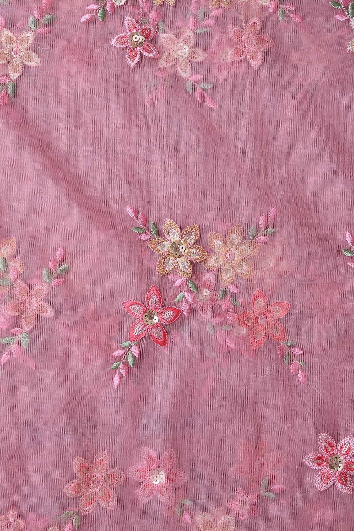 6 Meter Cut Piece Of Pink And Brown Thread With Gold Sequins Floral Embroidery On Pink Soft Net Fabric - doeraa