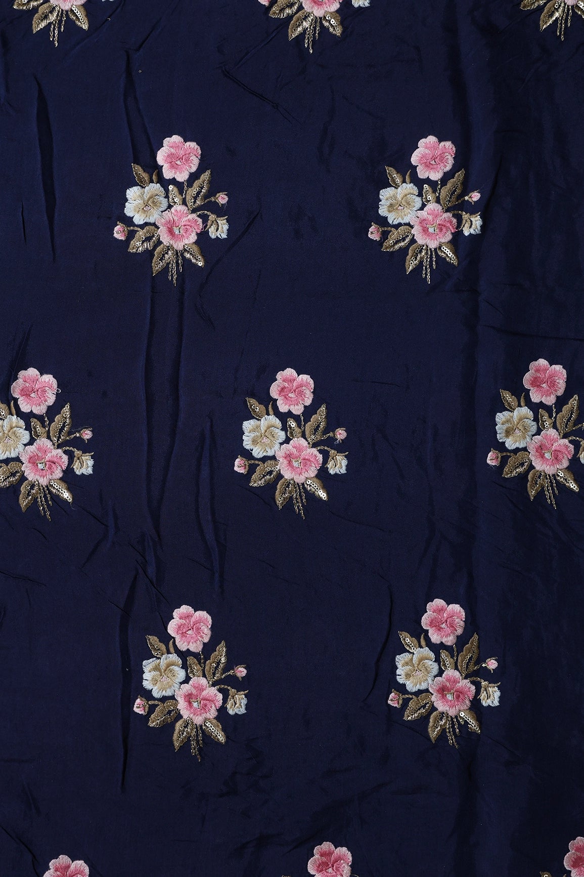 6.25 Meter Cut Piece Of Pink And Beige Thread With Gold Sequins Floral Embroidery On Navy Blue Muslin Silk Fabric - doeraa