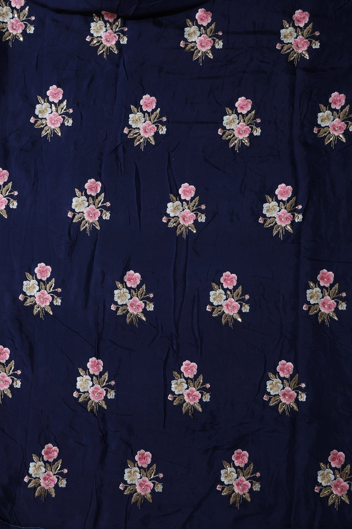 6.25 Meter Cut Piece Of Pink And Beige Thread With Gold Sequins Floral Embroidery On Navy Blue Muslin Silk Fabric - doeraa