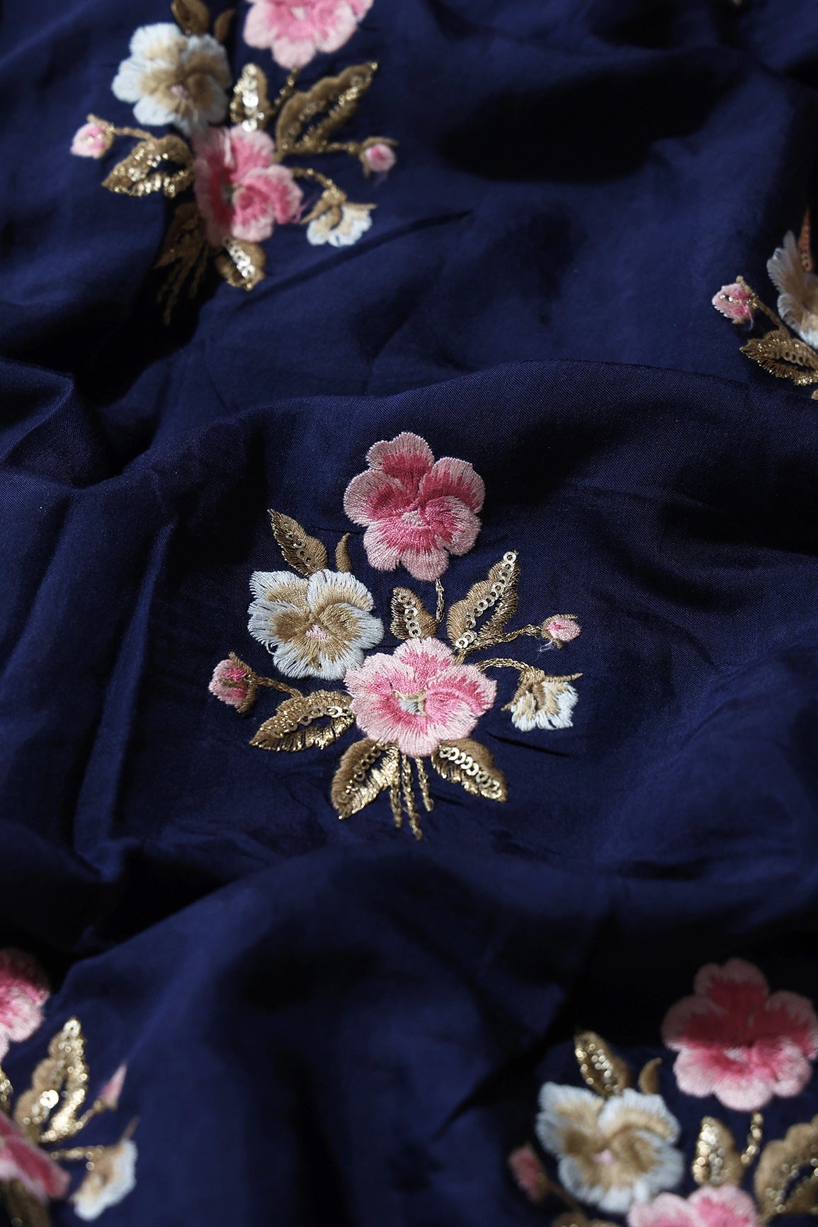 6.25 Meter Cut Piece Of Pink And Beige Thread With Gold Sequins Floral Embroidery On Navy Blue Muslin Silk Fabric - doeraa