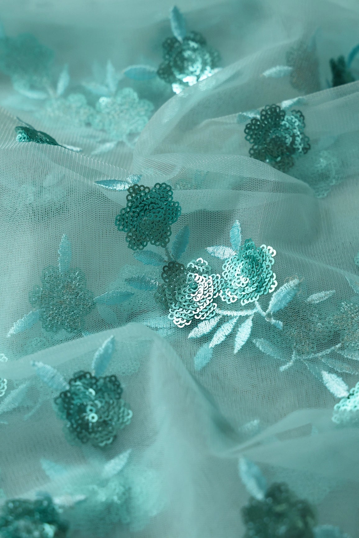 6.25 Meter Cut Piece Of Sky Thread With Sequins Beautiful Floral Embroidery Work On Sky Soft Net Fabric - doeraa