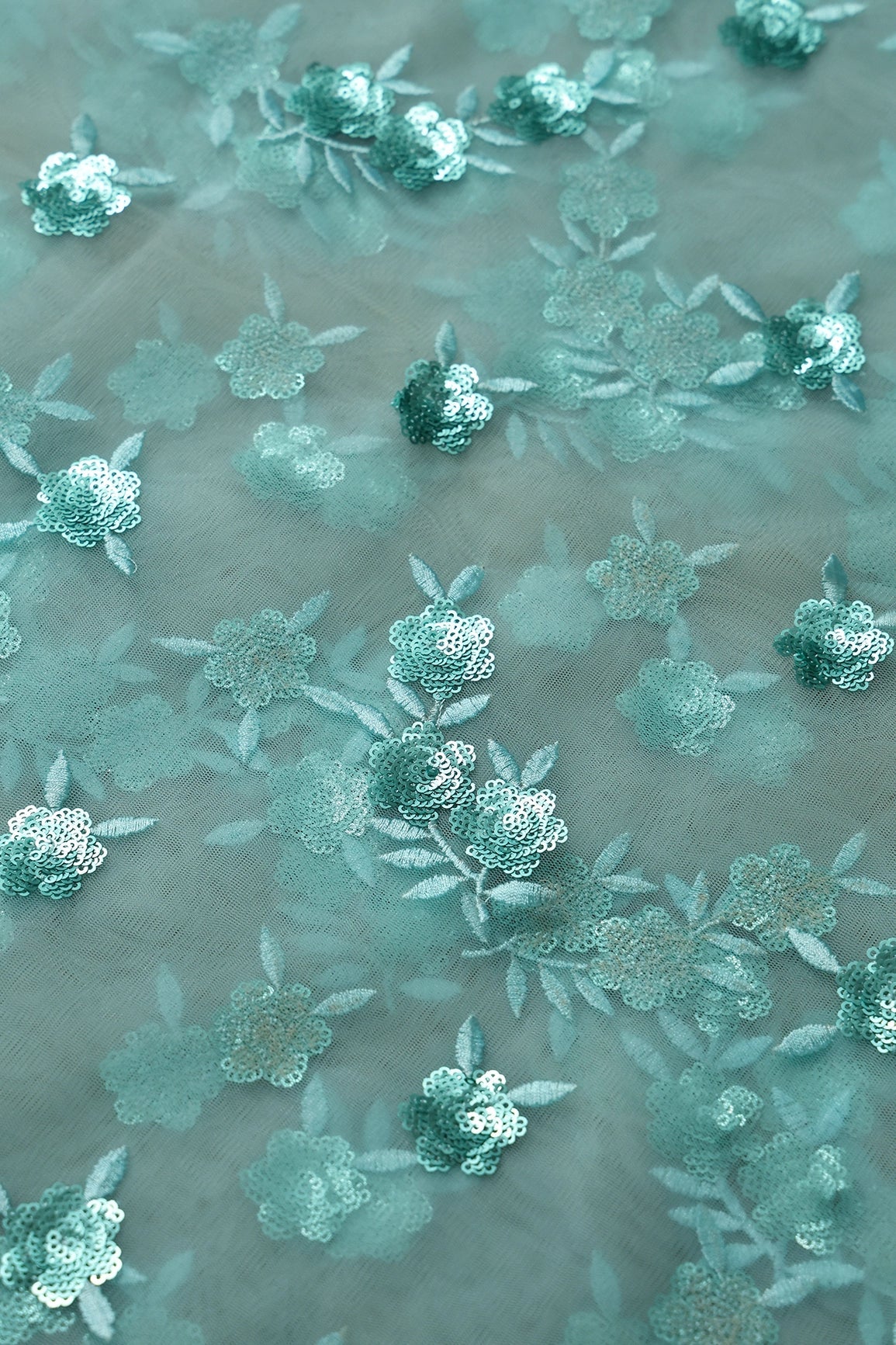 6.25 Meter Cut Piece Of Sky Thread With Sequins Beautiful Floral Embroidery Work On Sky Soft Net Fabric - doeraa