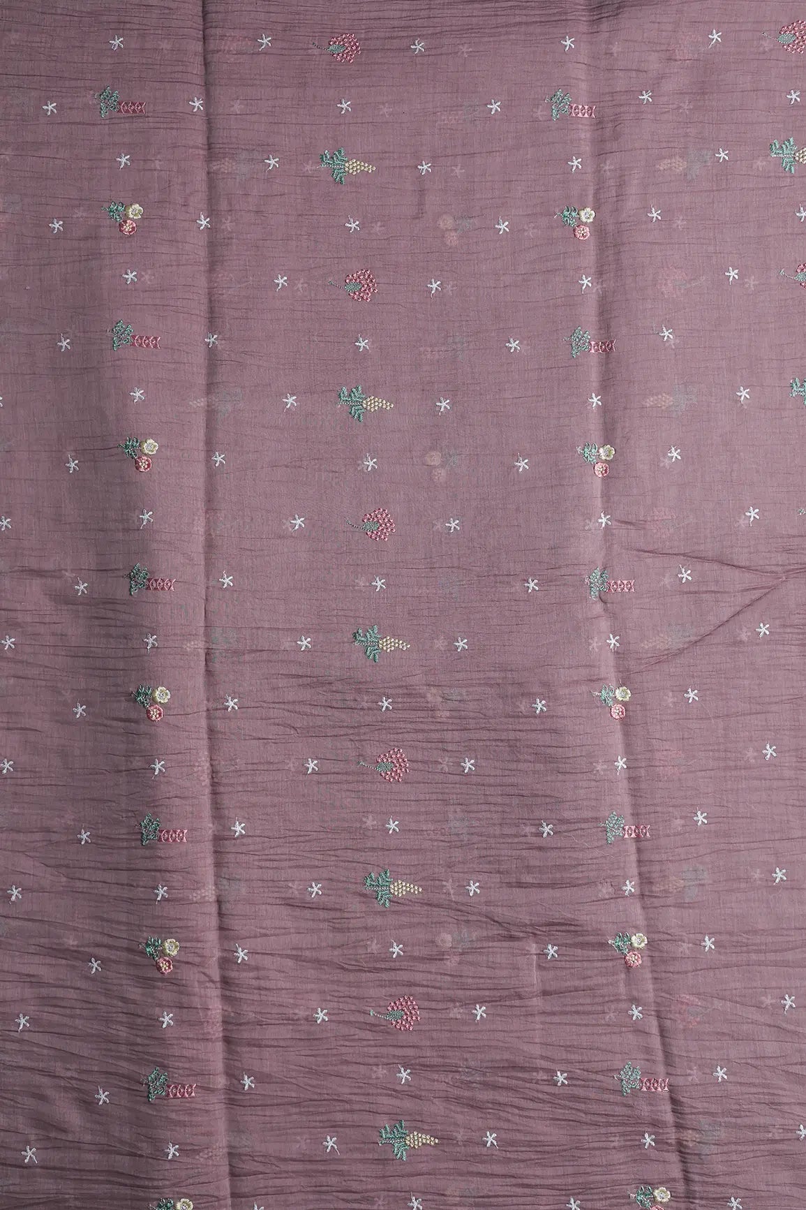 Elegant Multi Thread Floral Embroidery Work On Dark Mauve Pure Mul Chanderi Silk Fabric