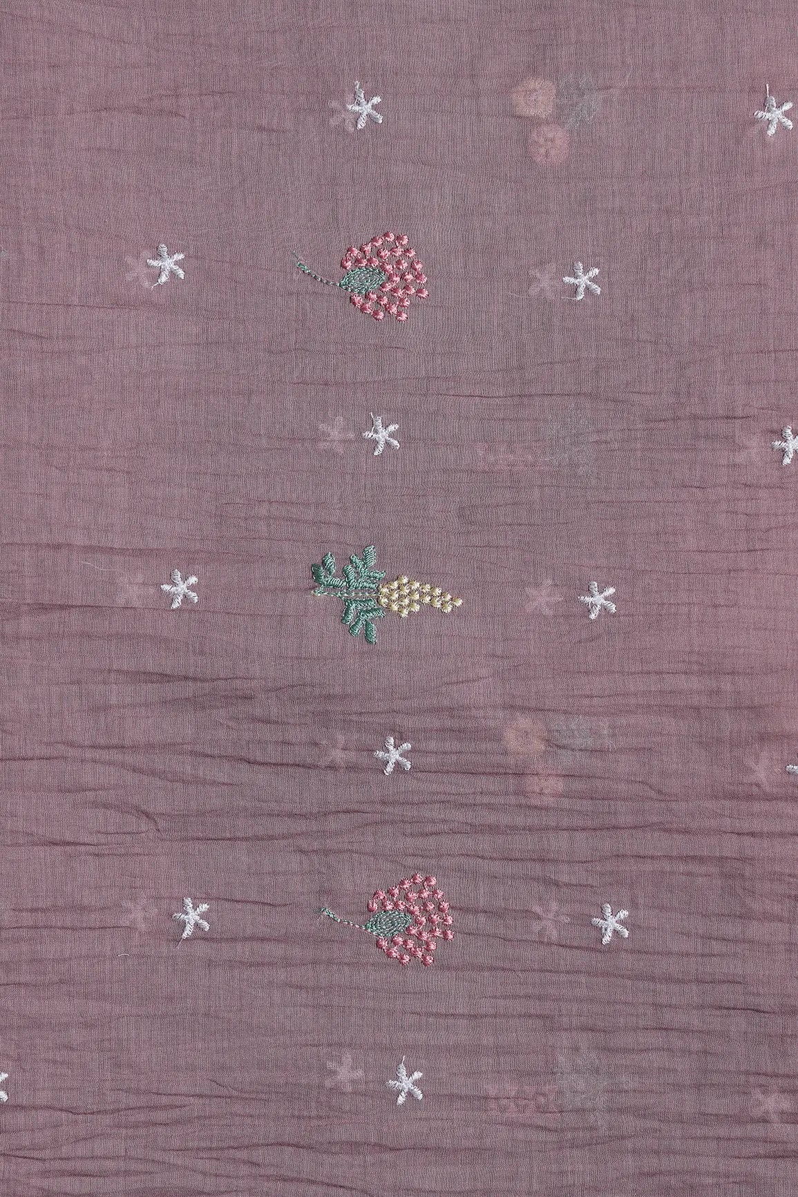 Elegant Multi Thread Floral Embroidery Work On Dark Mauve Pure Mul Chanderi Silk Fabric