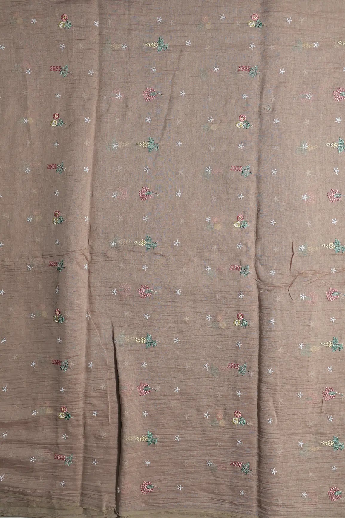 Elegant Multi Thread Floral Embroidery Work On Light Brown Pure Mul Chanderi Silk Fabric