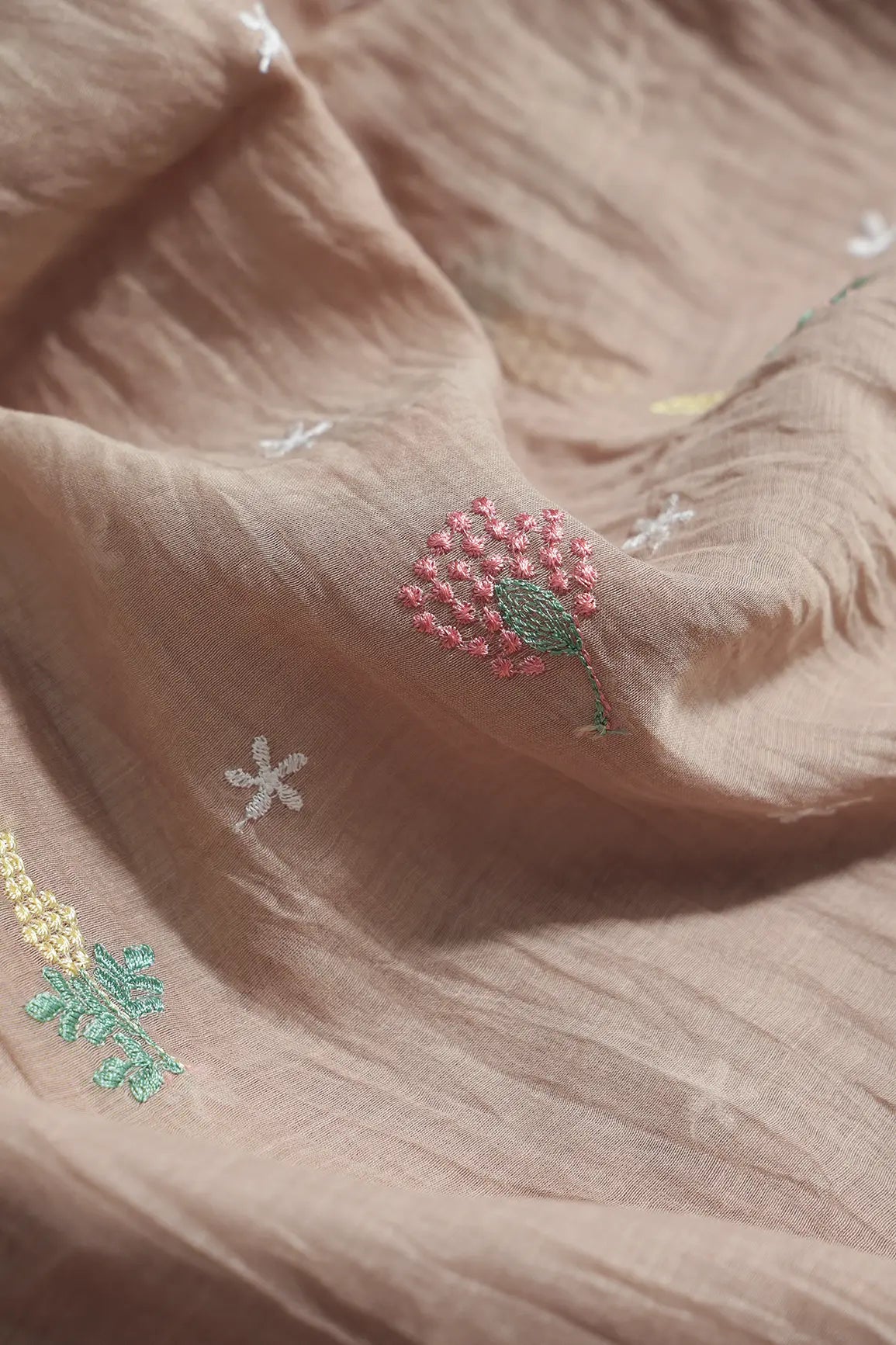 Elegant Multi Thread Floral Embroidery Work On Light Brown Pure Mul Chanderi Silk Fabric
